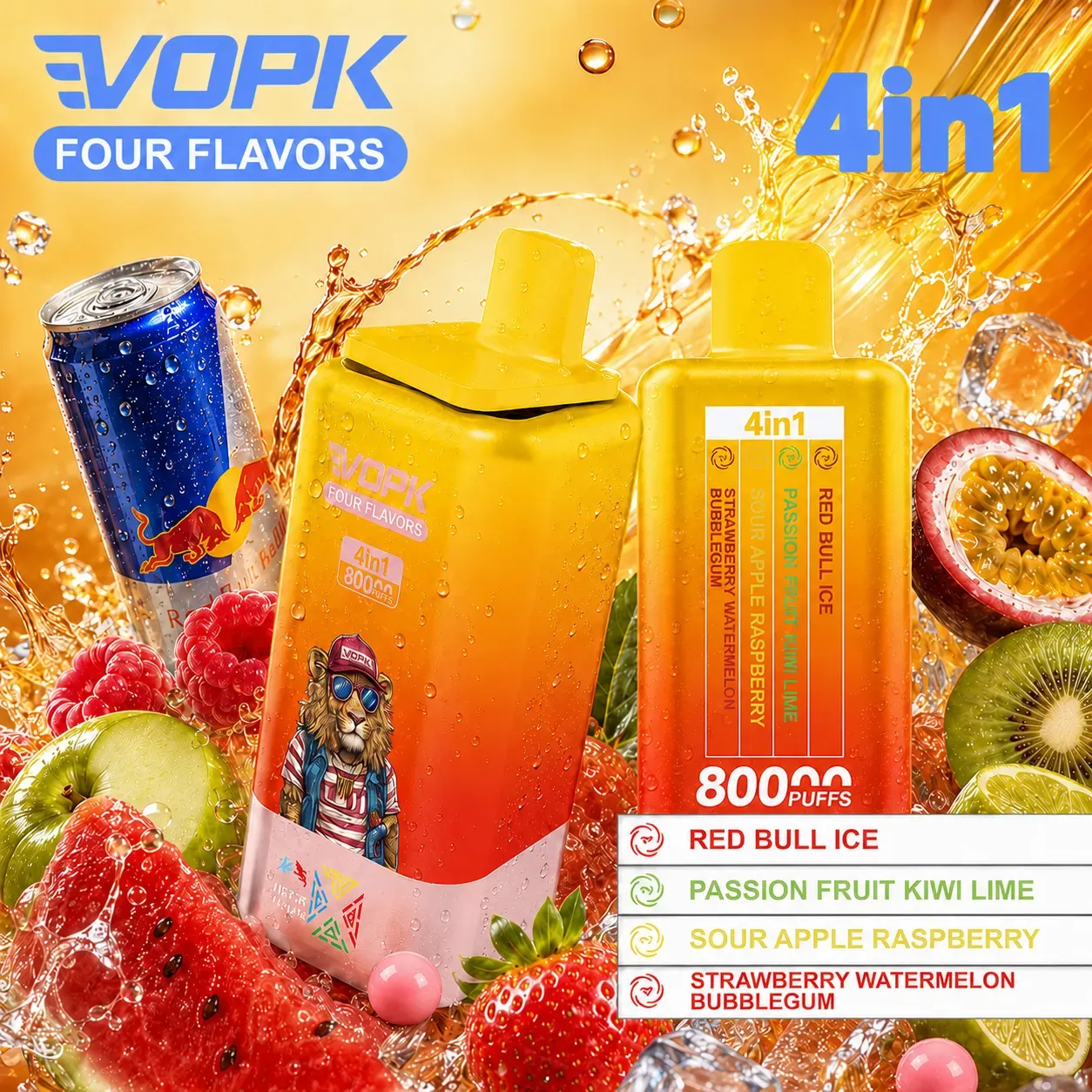 VOPK 80 000 puffów 4in1 – 650 mAh, 0,9 Ω, Type-C, wyświetlacz cyfrowy; 4 smaki w jednym urządzeniu