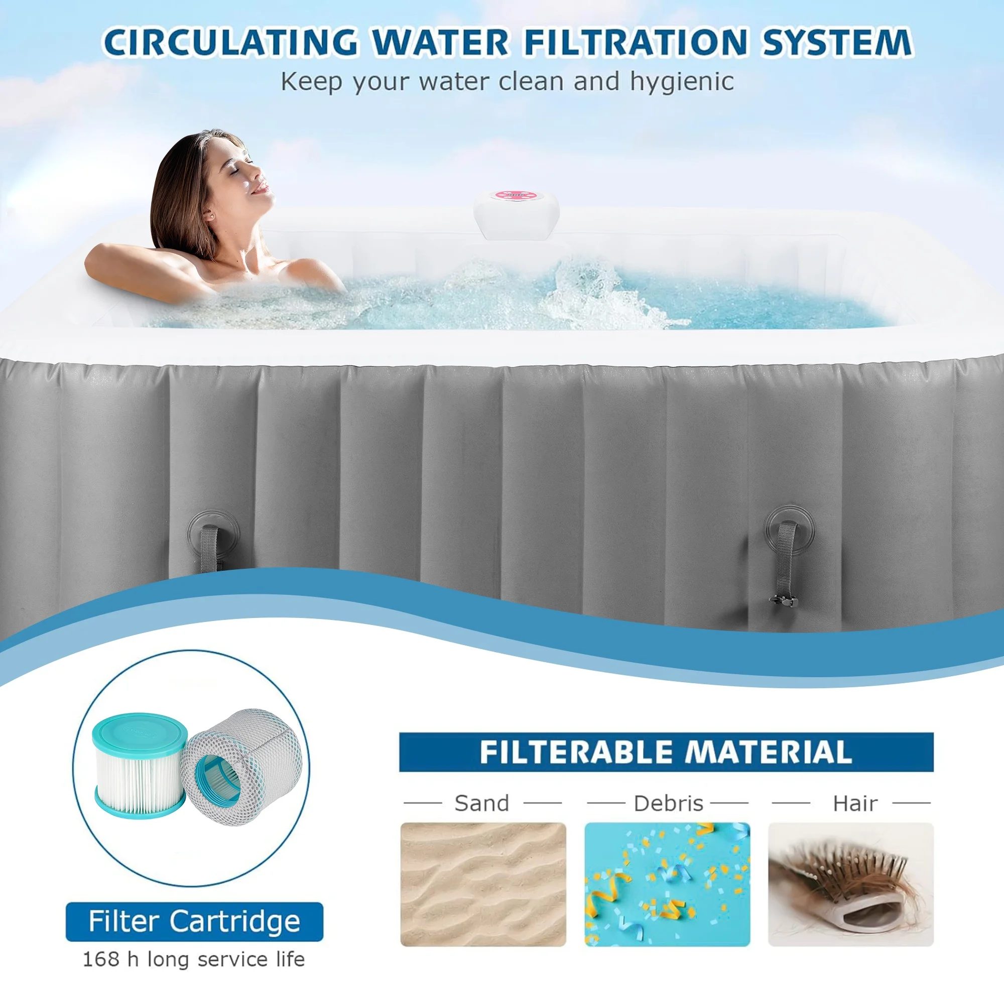 73 inch 4-6 Person Inflatable Hot Tub Spa with Control Panel, Outdoor Portable Hottub with 130 Jets, Insulated Tub Cover and Floor Protector, Temperature up to 104��F, Gray - Image 5