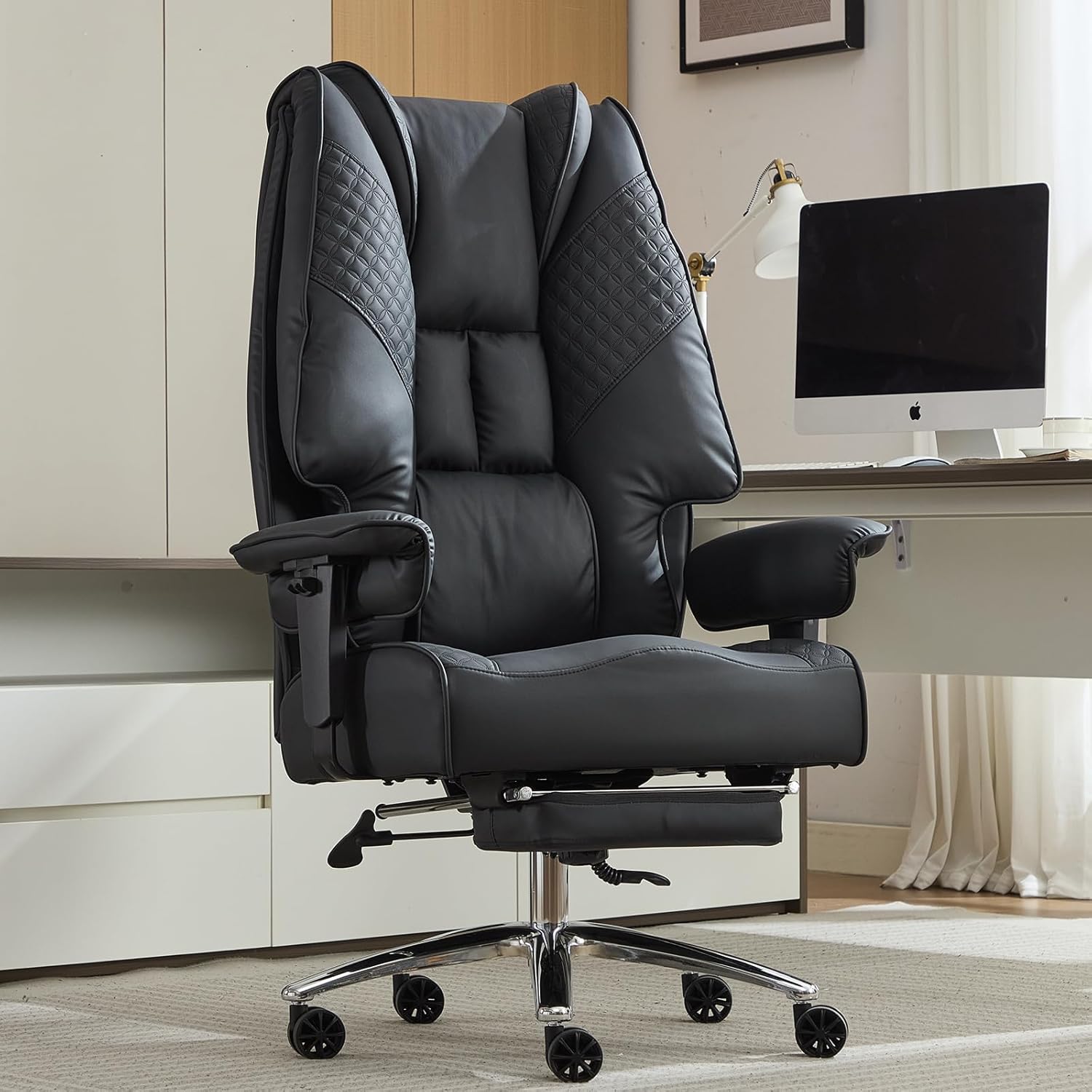 Big and Tall Office Chair 400lbs Wide Seat, Leather High Back Executive Office Chair with Foot Rest, Ergonomic Chairs Lumbar Support for Lower Back Pain Relief (Black)
