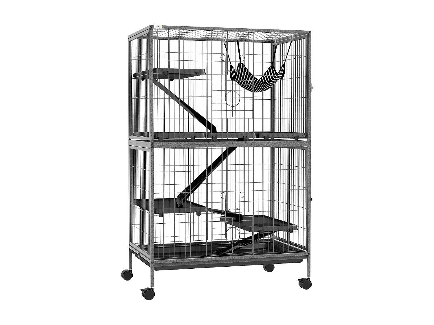 Cage pour rongeurs furet chinchilla 4 plateformes 3 rampes 4 portes hamac plateau acier gris noir