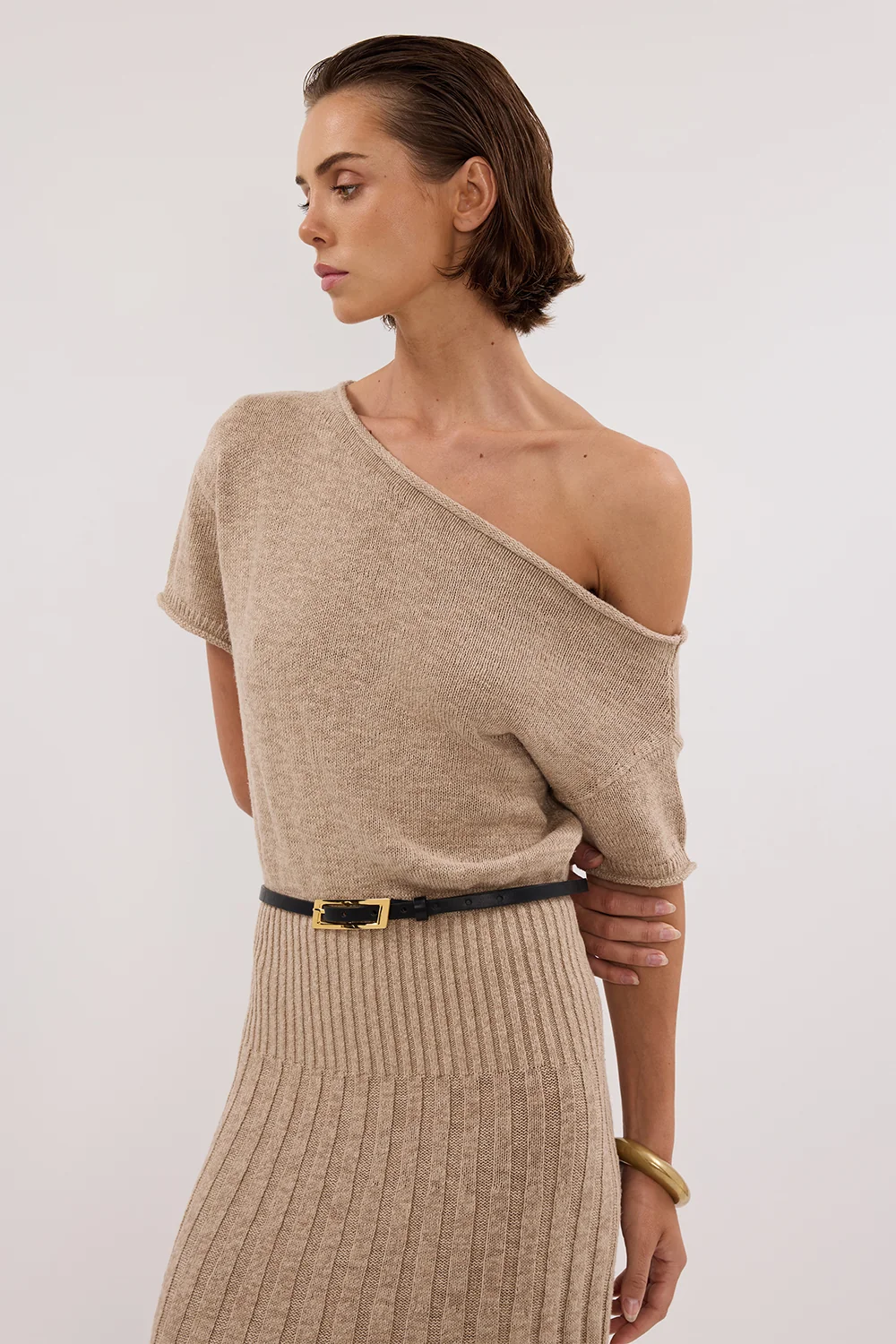 RICK NATURAL ASYM KNIT MIDI DRESS