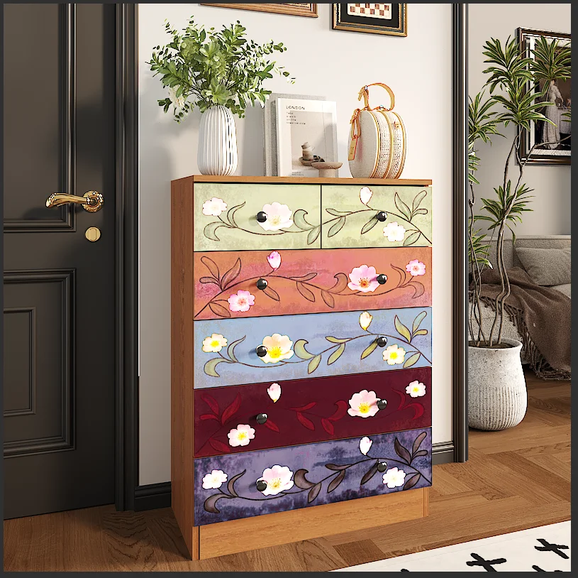 Ktaxon Wood 6-Drawer Dresser Organizer for Bedroom Storage Tower for Entryway Hallway Closet, Tall Chest Organizer Unit with Wood Bins, Floral Painted Wooden - Image 8