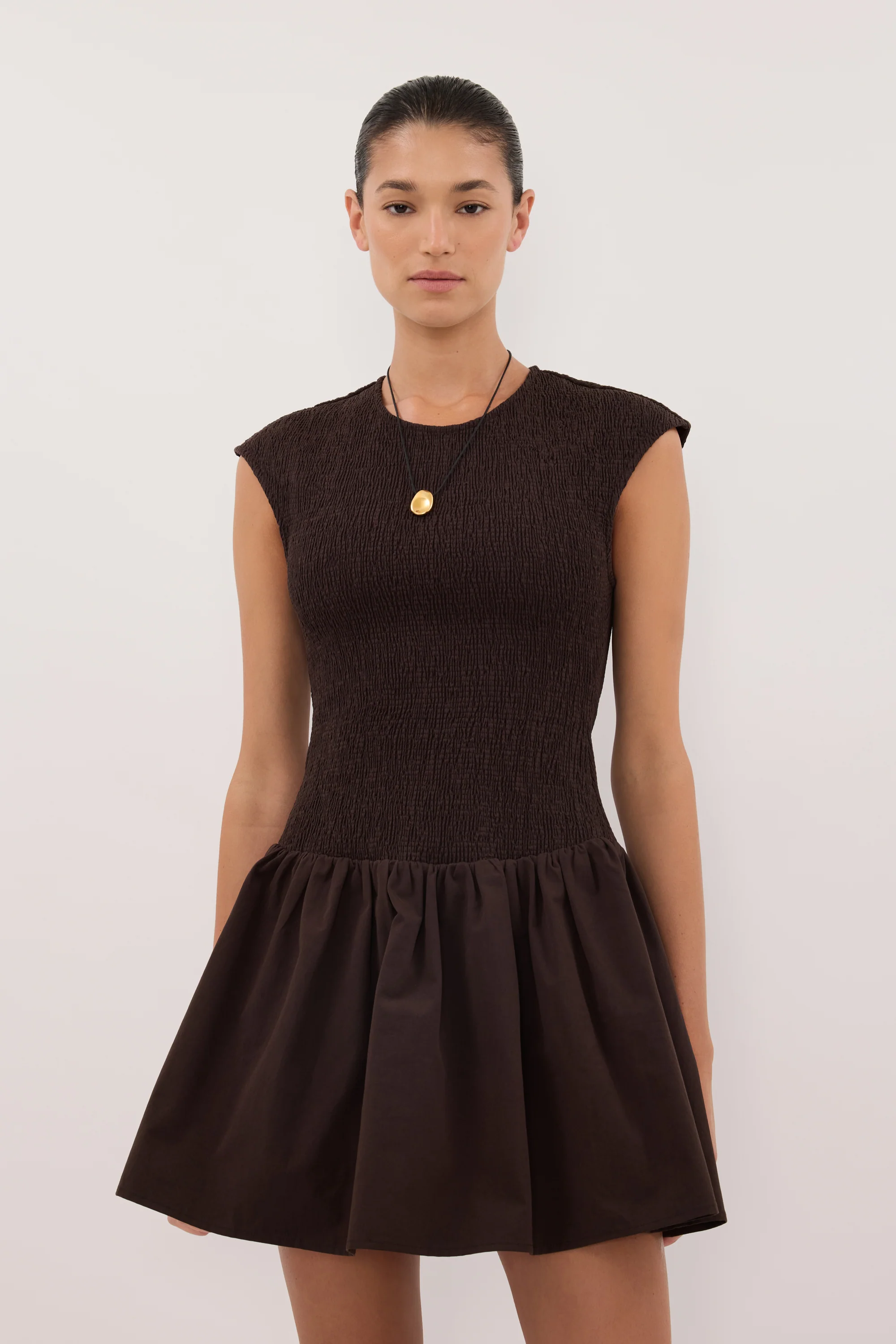 RUBI BURNT CHOC COTTON MINI DRESS