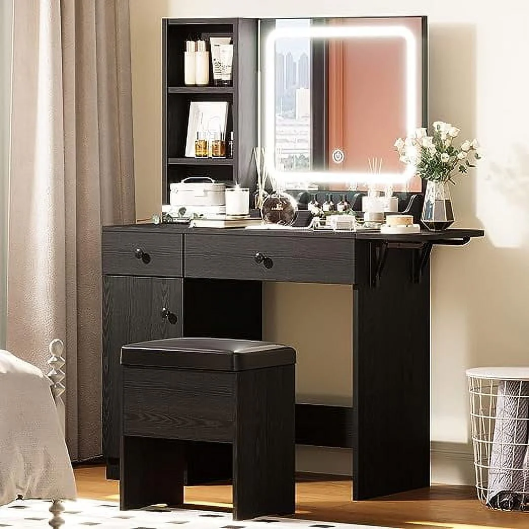 IRONCK Vanity Desk with LED Lighted Mirror & Power Outlet, Makeup Table with Drawers & Cabinet,Storage Stool,for Bedroom, White