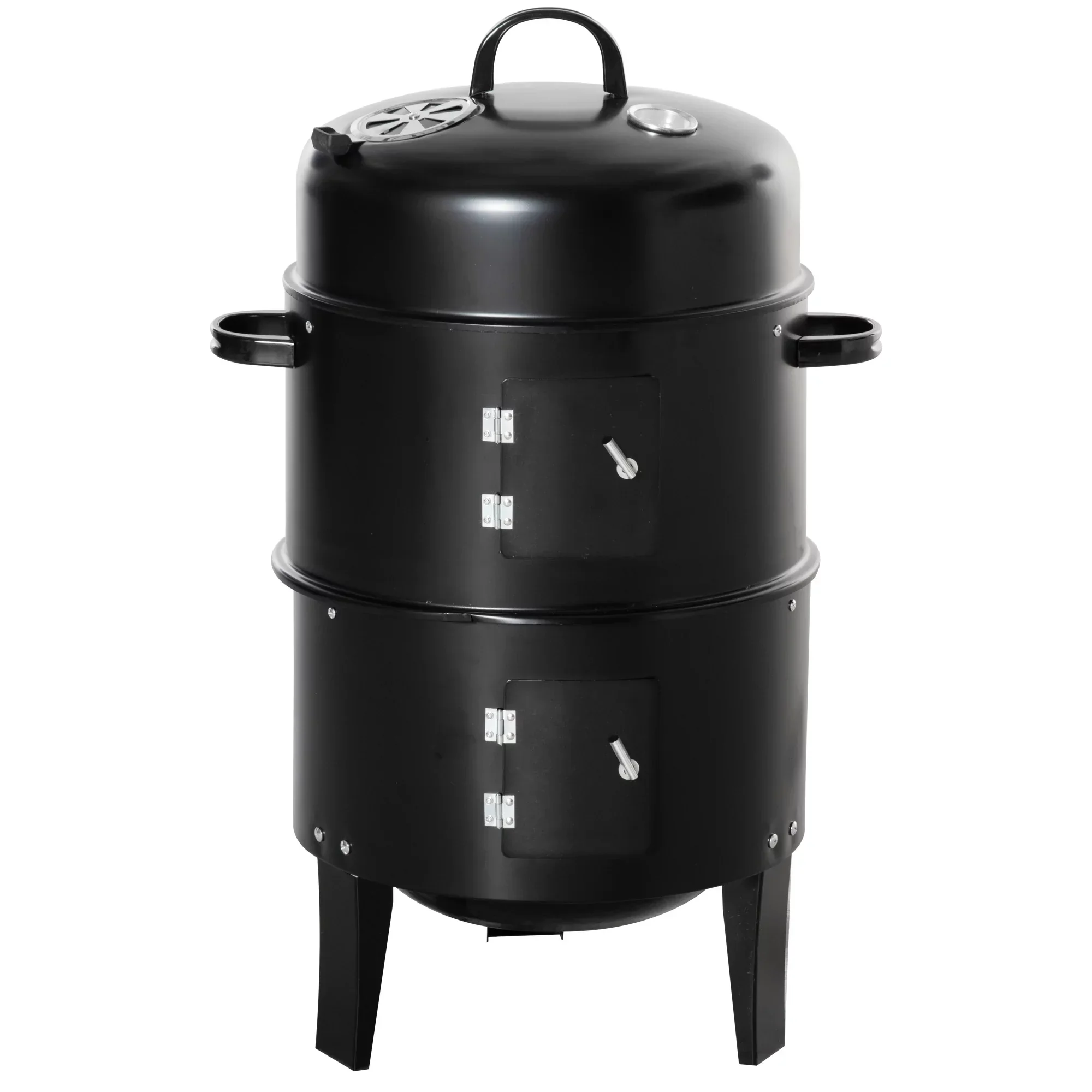 Outsunny 3-in-1 16in Round Charcoal BBQ Smoker Grill With 2 Cooking Areas And Thermometer - Black - Image 2 Outsunny 3-in-1 16in Round Charcoal BBQ Smoker Grill With 2 Cooking Areas And Thermometer - Black - Image 2