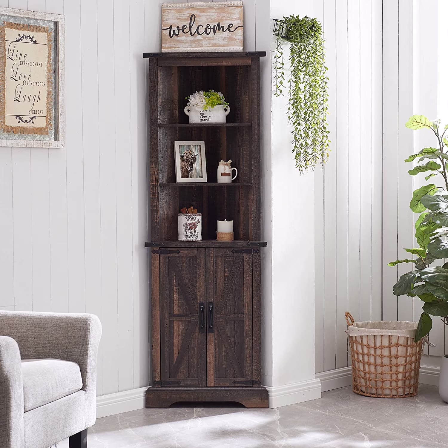 OKD Farmhouse Tall Corner Cabinet with Barn Door & Adjustable Shelves, 68" Rustic Wood Corner Cabinet with Storage Cabinet for Bathroom, Kitchen, Antique White - Image 3