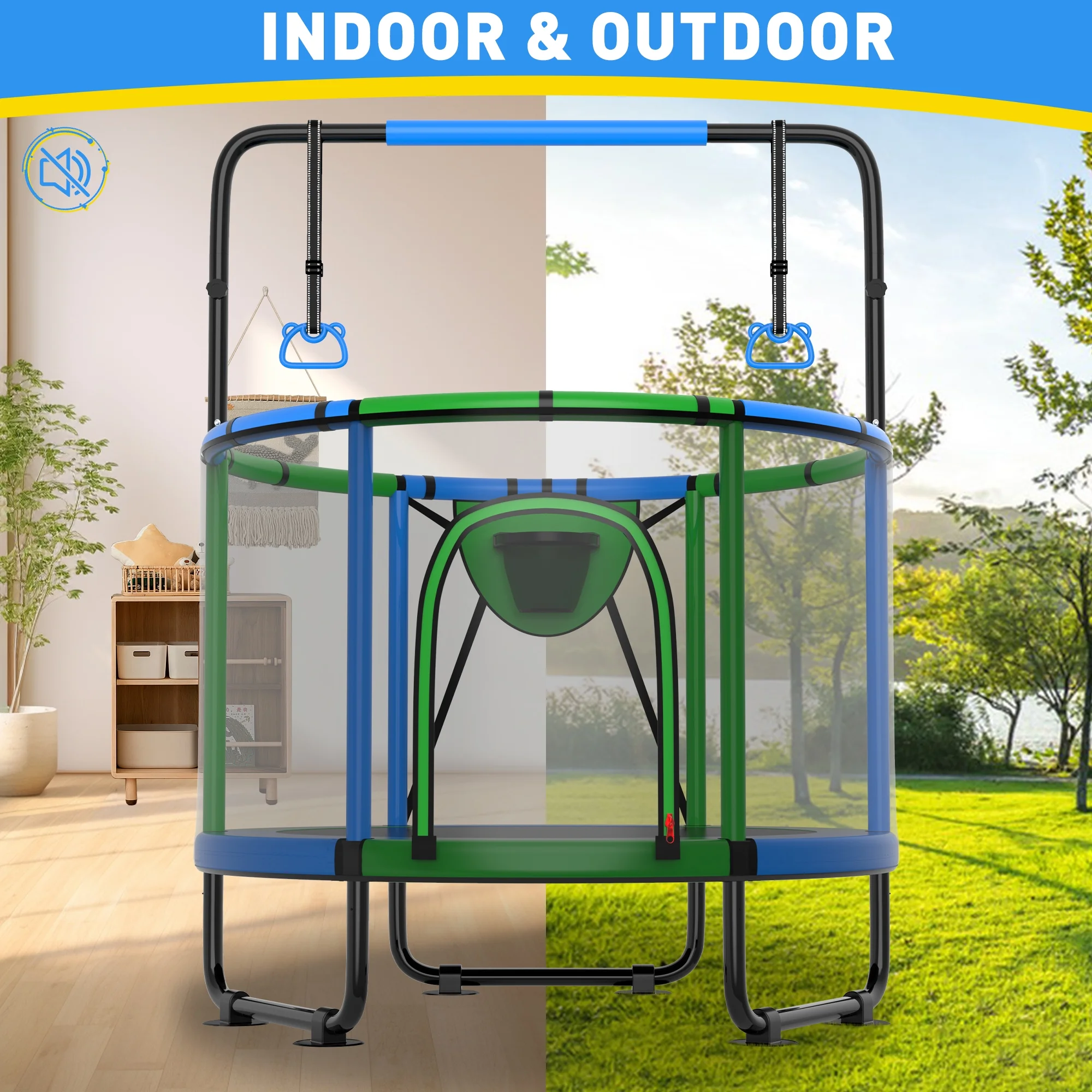CITYLE Trampoline for Kids 600LBS 60'' 5FT Toddler Trampoline Indoor Outdoor with Basketball Hoop, Swing, Adjustable Bar, Mini Small Trampoline with Enclosure, Gifts for Toddlers, Boys & Girls - Image 8