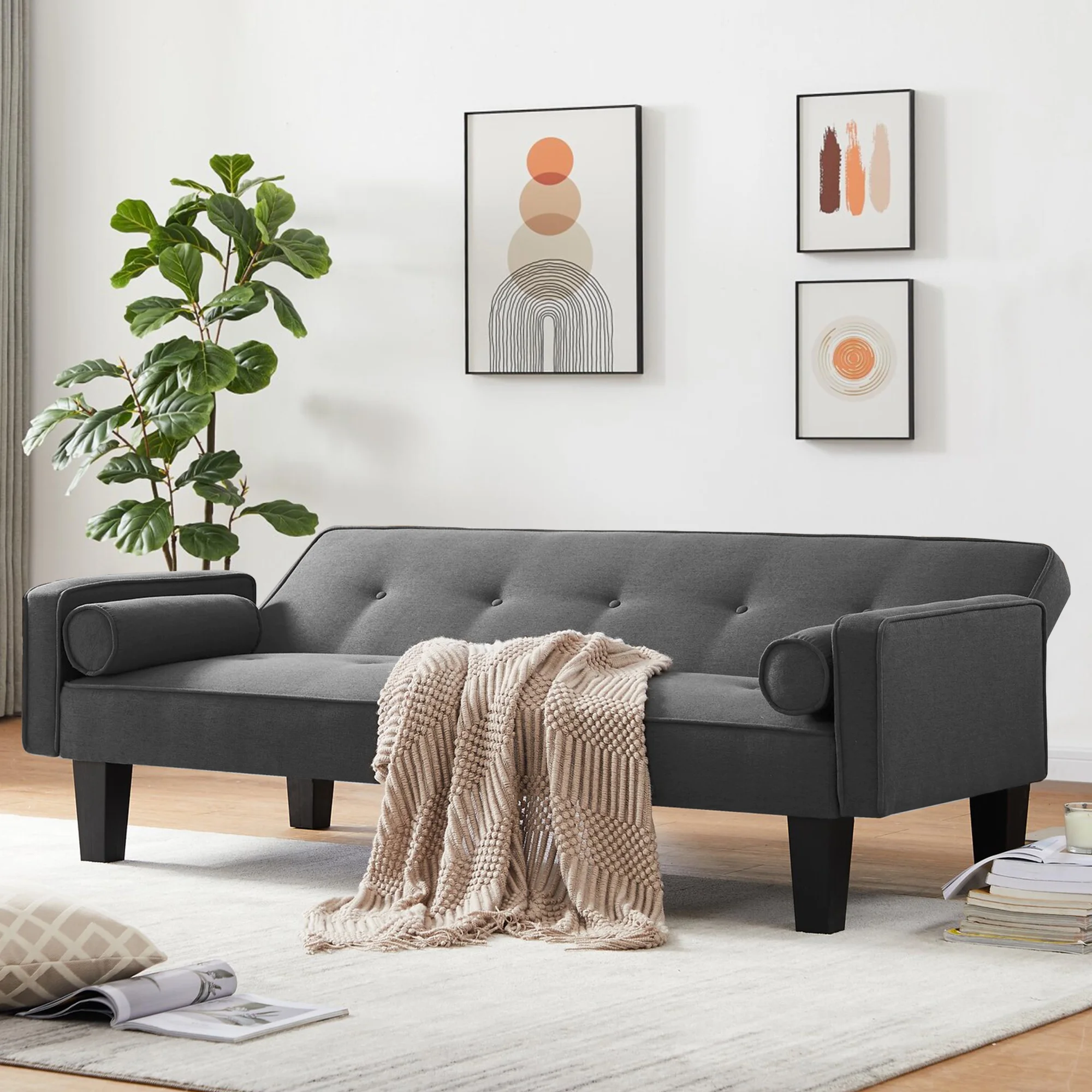 Convertible Futon Sofa Bed,Gray Upholstered Futon Couch Fabric Sleeper Sofa for Living Room Apartment - Image 5