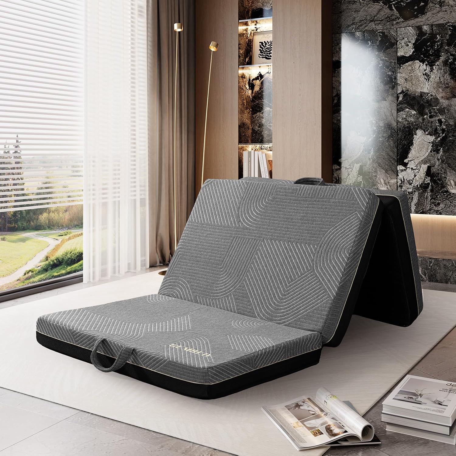 Tri Folding Mattress Queen Size - Memory Foam Tri-fold Mattres, Handle & Non-Slip Bottom, Portable Foldable Sofa Bed Floor Chair for Travel RV Camping Guest Yoga - 4 Inch, 78