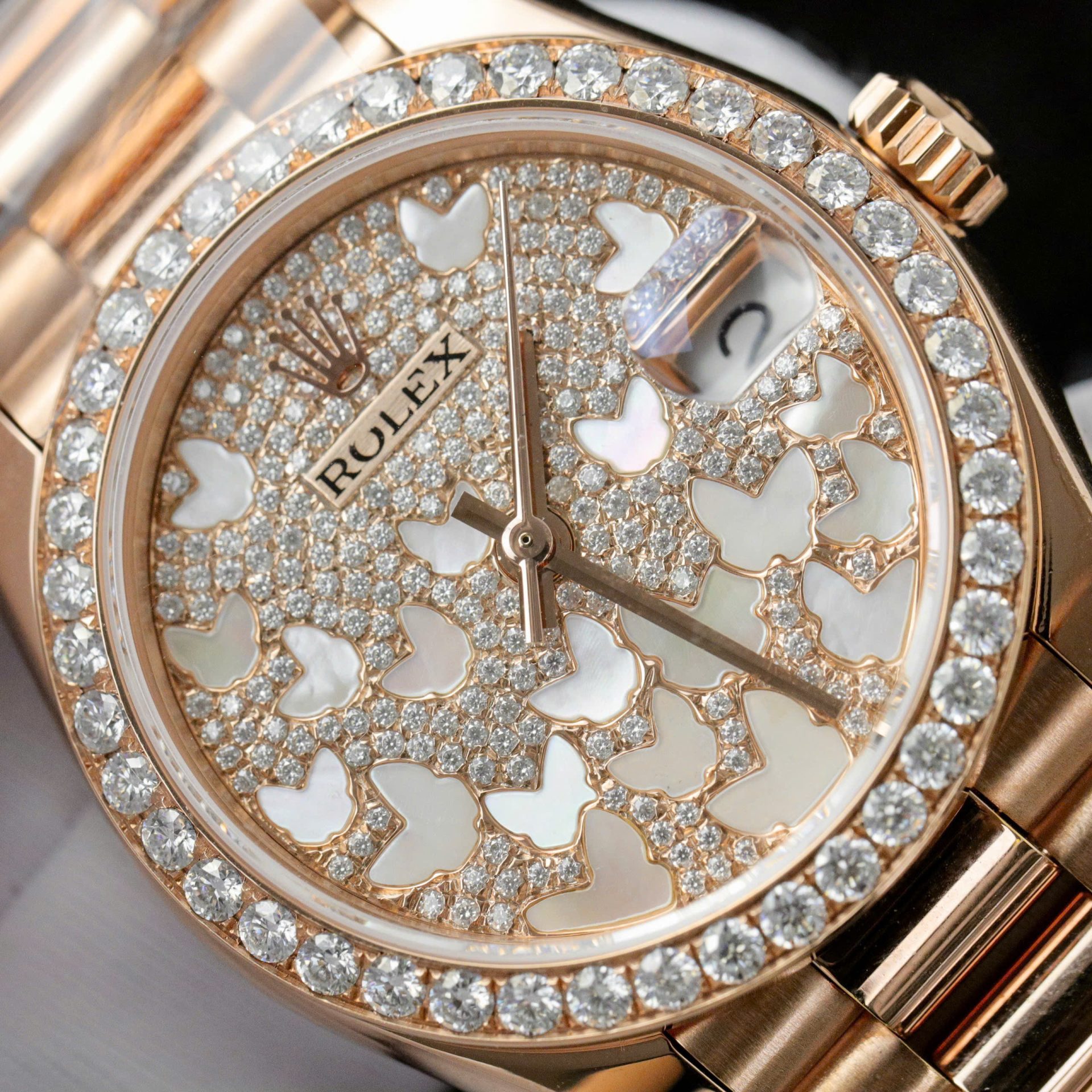 Rolex DateJust Butterfly Dial Copies Watches Rose Gold Wrapped 18K + Diamonds Moissanite 31mm - Top club