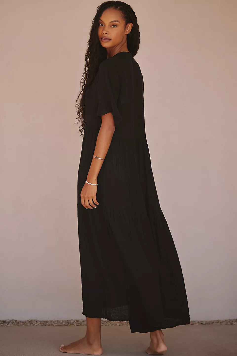 100% Cotton Gauze Midi Dress - Black