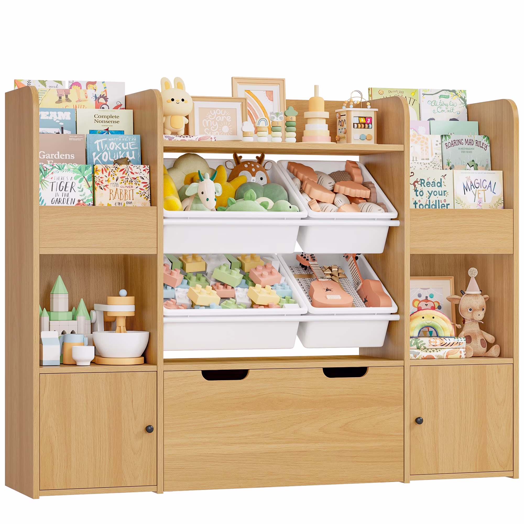 Hiphuta Kids Bookcase Toy Storage Organizer, Wooden Toy Organizer of 4 Bins& 2 Removable Drawers for Home Bedroom, Kids Bookshelf Toy Box with Book Rack, White - Image 3