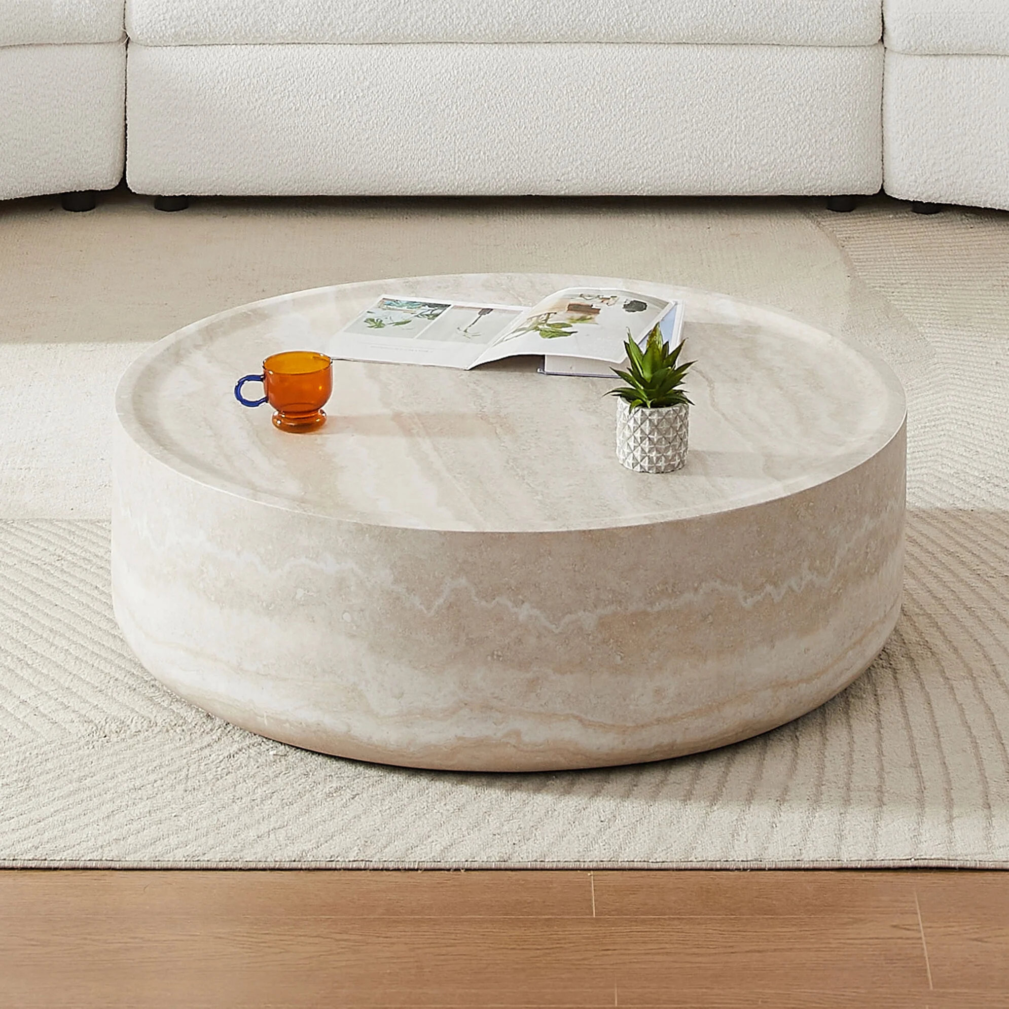 31.49'' Round Coffee Table with Marble Texture, Modern Low Drum Circle Fiberglass Coffee Table, Side Table Accent Table for Living Room, Outdoor, No Need Assembly, Marble