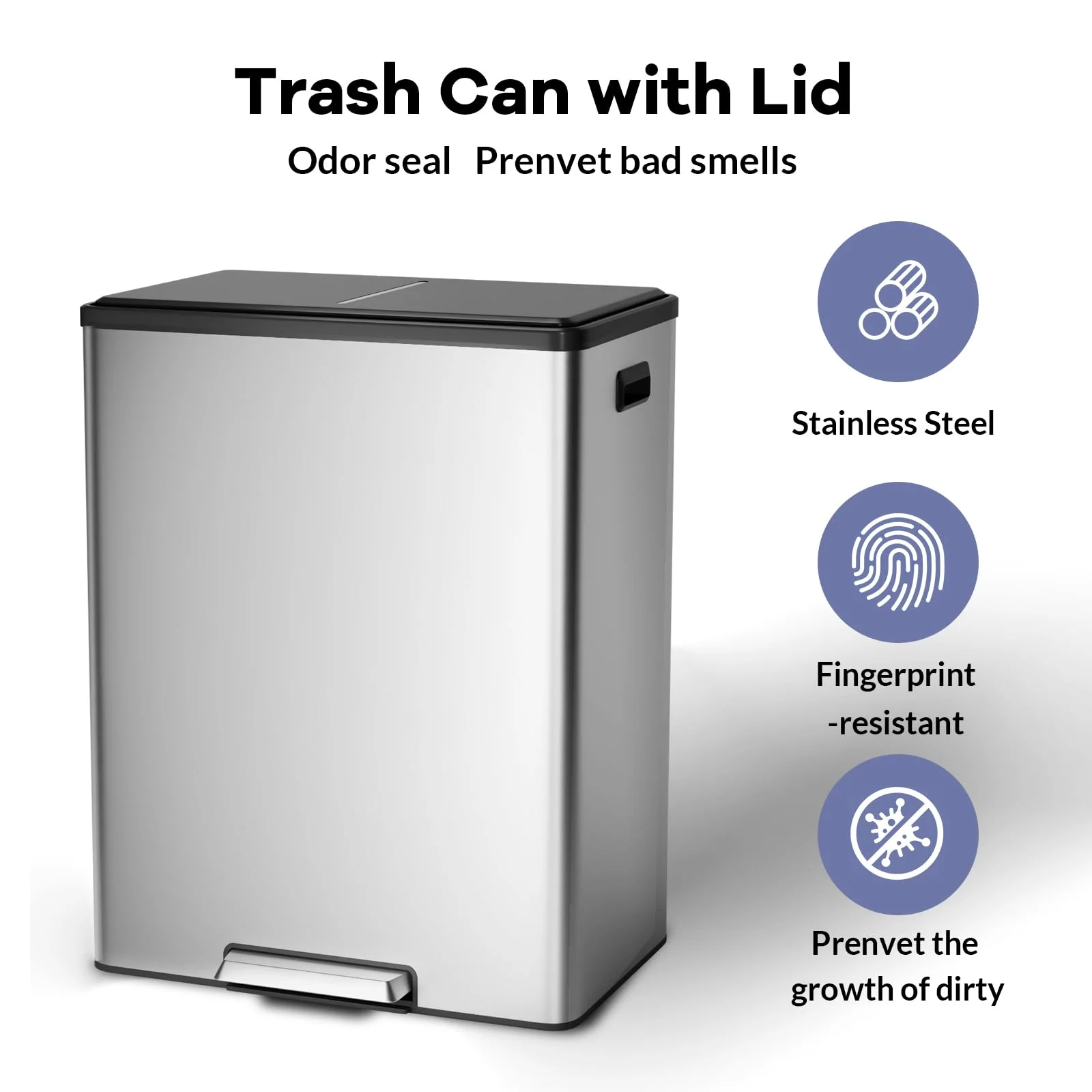 JoanKaren 16 Gallon Stainless Steel Dual Compartment Step Kitchen Trash Can with Lid & 2 Removable Wastebaskets,Kitchen Garbage Can & Recycling Bin,Black - Image 10