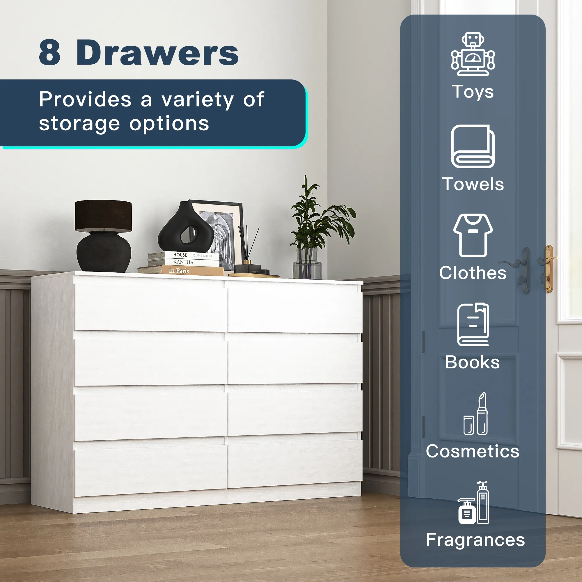 Kadyn White Chest of Drawer, 6 Double Drawer Dresser for Bedroom, Modern Storage Cabinet for Living Room, Dresser - Image 72