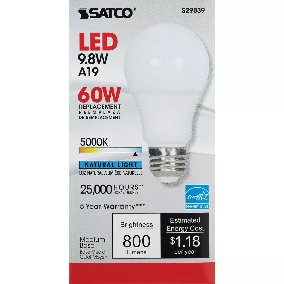 Satco 60W Equivalent Natural Light A19 Medium Dimmable LED Light Bulb