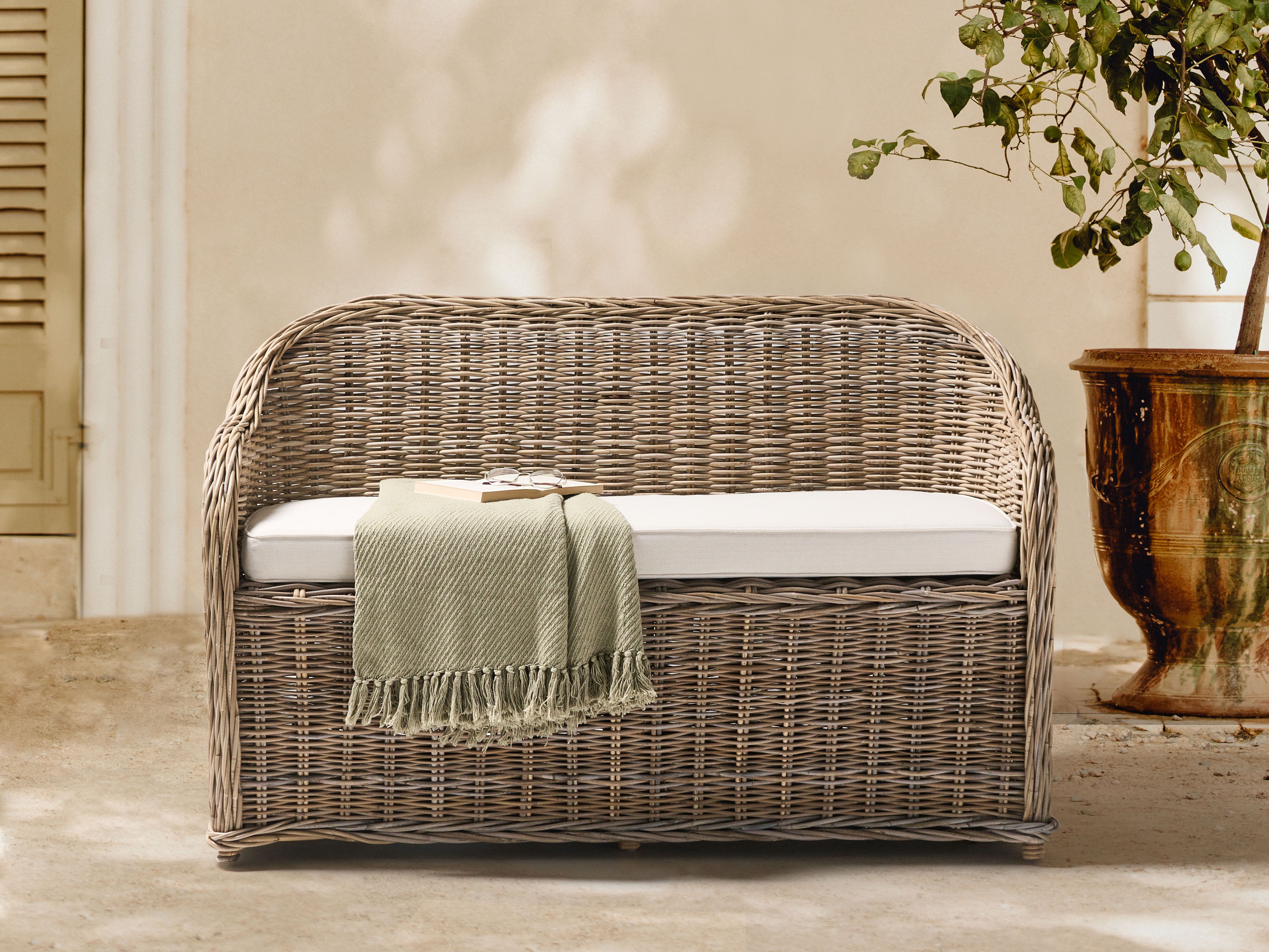 Garden Bench with Cushion SUSUA 141 cm Rattan Natural