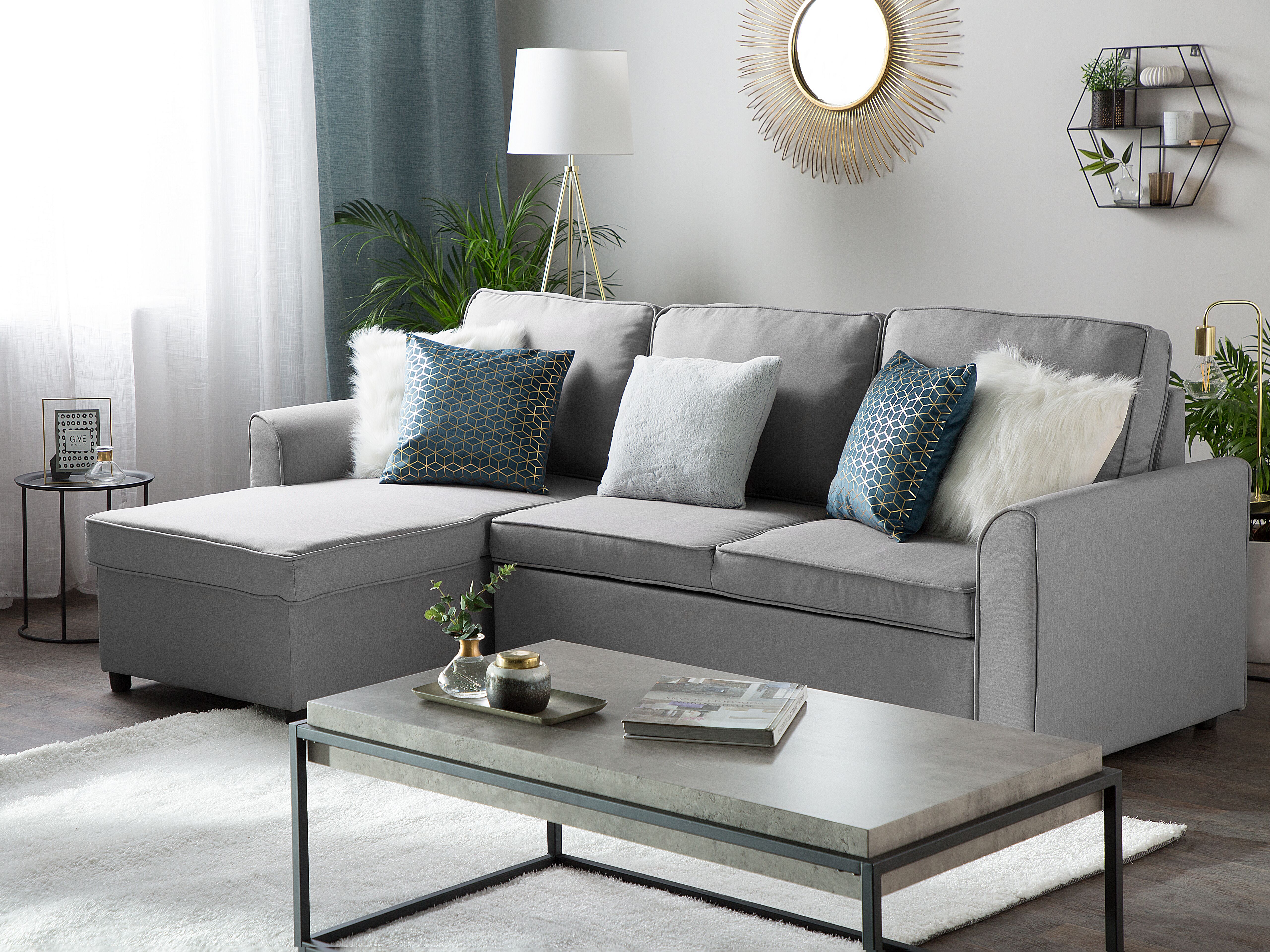 Corner Sofa Bed 3 Seater NESNA Fabric Light Grey with Storage Right Hand