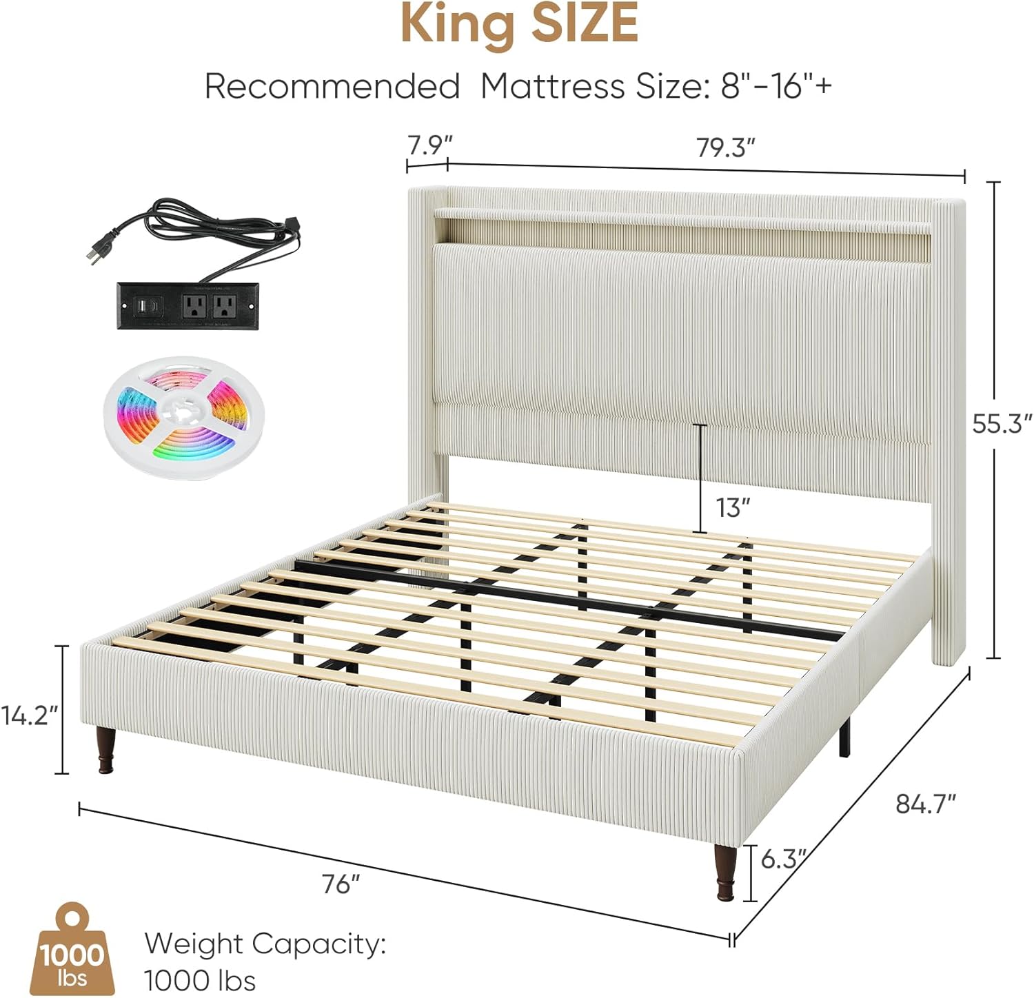King Size Bed Frame with Tall Headboard, 55.3