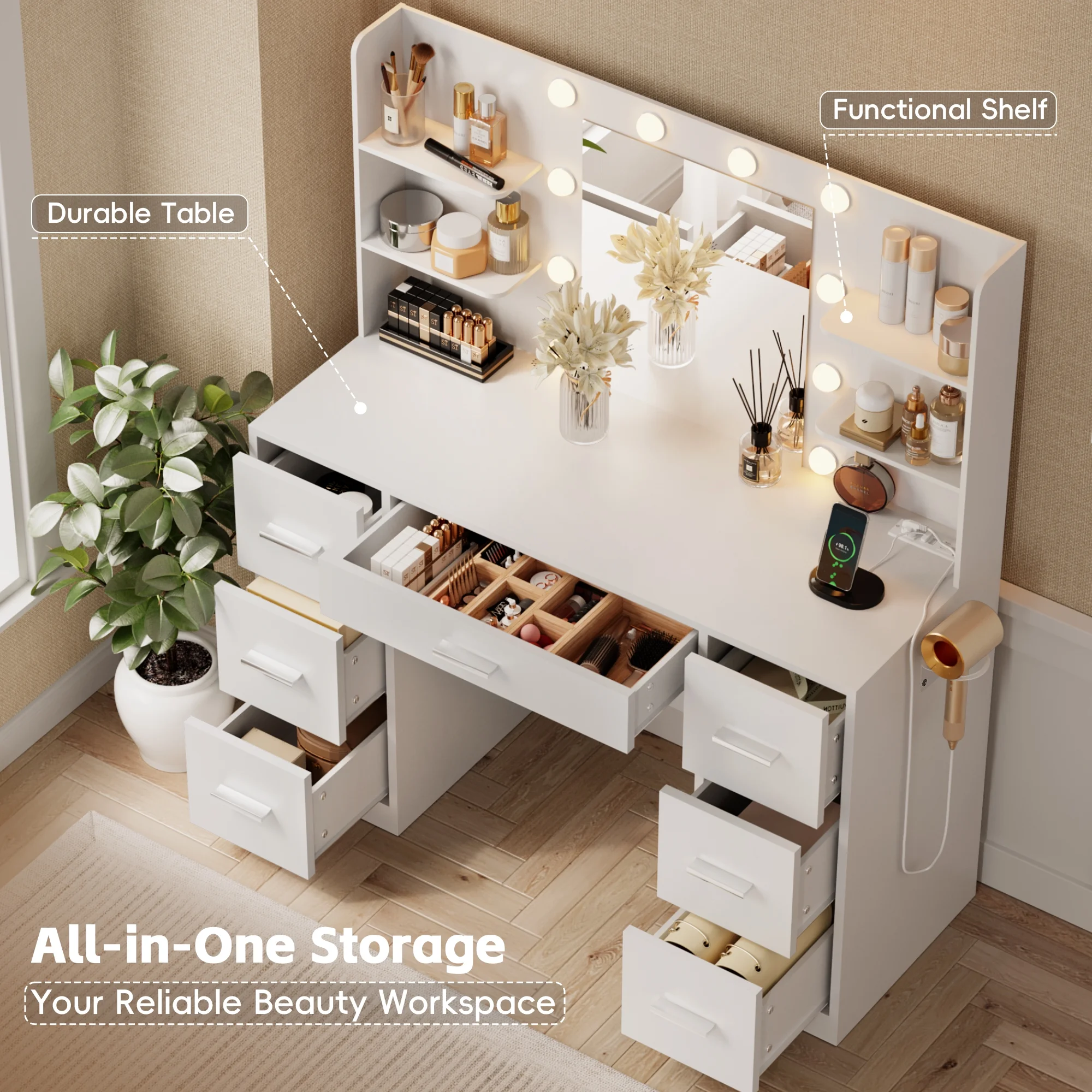 Lacoo Vanity Desk with Mirror and LED Lights, Makeup Vanity with 7 Drawers & 4 Shelves, Vanity Table with Power Outlet for Bedroom Dressing Room, White - Image 10