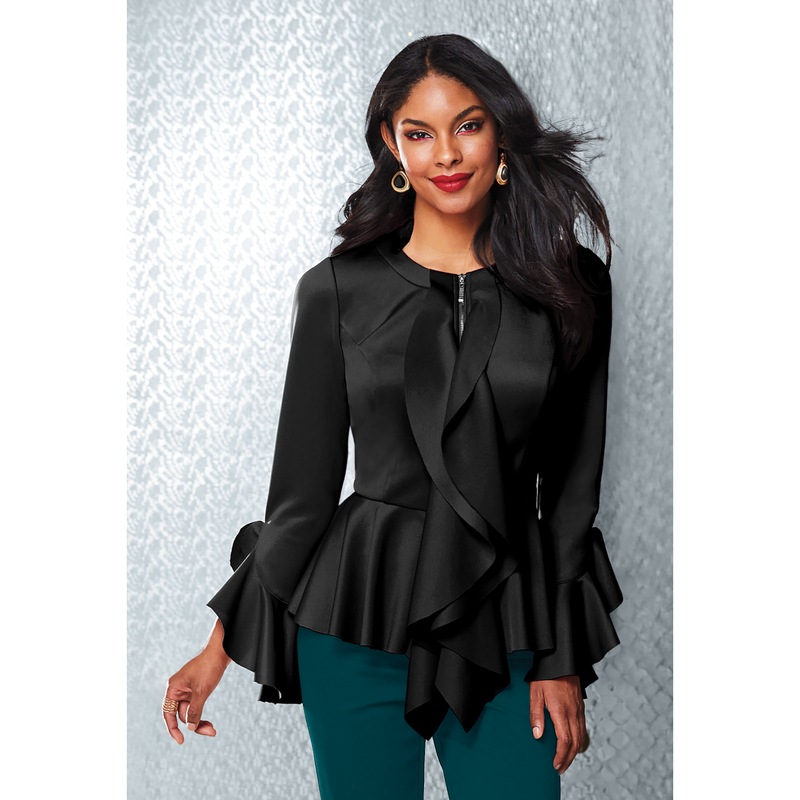 Darcy Zip-Up Ruffles Jacket for Women with Peplum - MIDNIGHT VELVET CATALOG