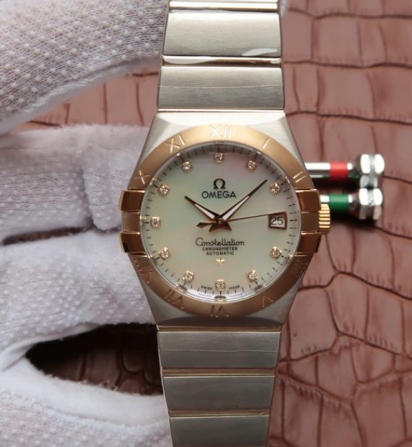 Replica Omega V6 Constellation 35mm White MOP Dial YG Bezel Diamonds Markers SS Bracelet A2500 - Elite Watch Atelier