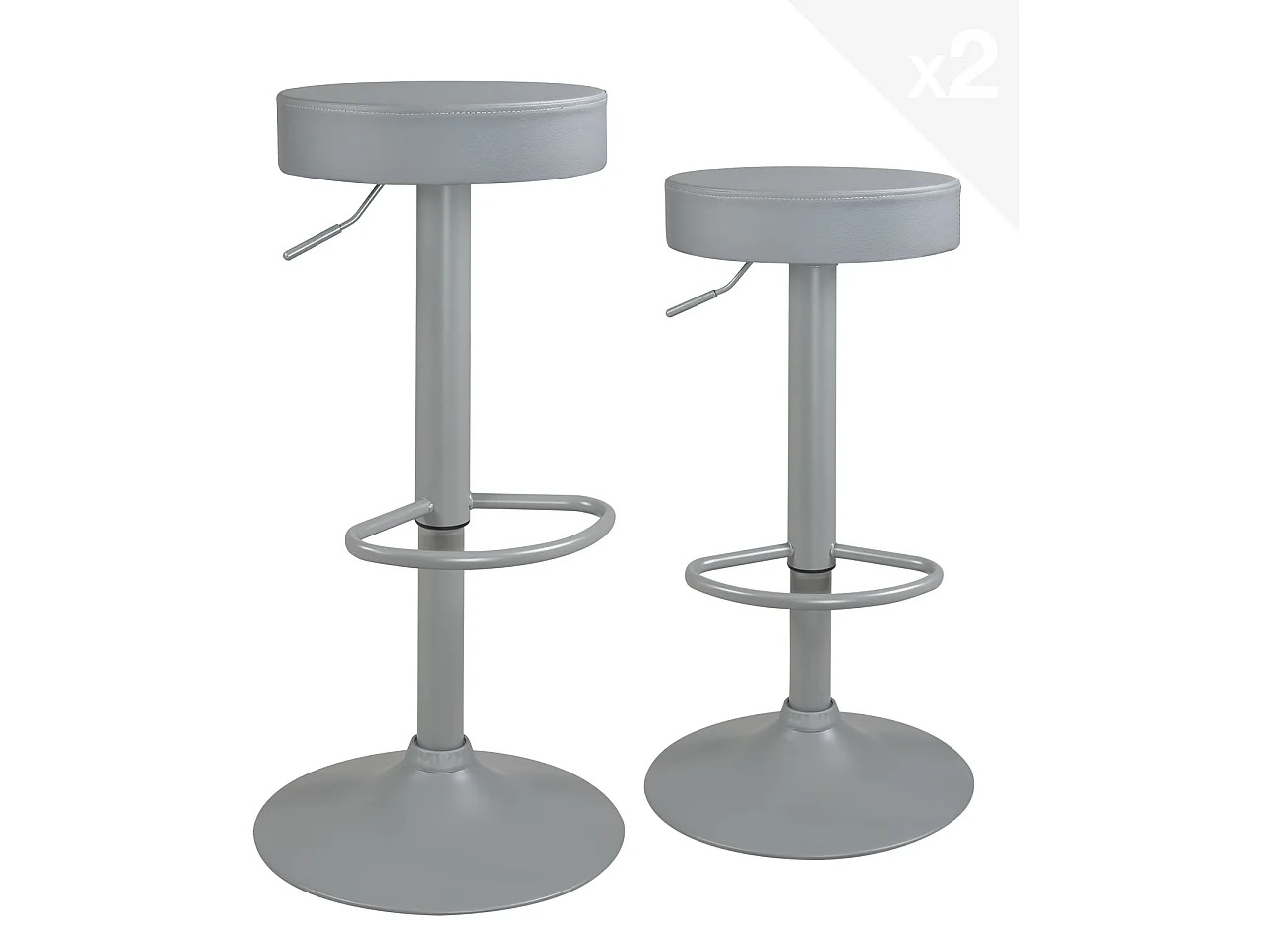 Lot 2 tabourets bar gris rond simili rembourré pivotant hauteur réglable YO (gris intégral)