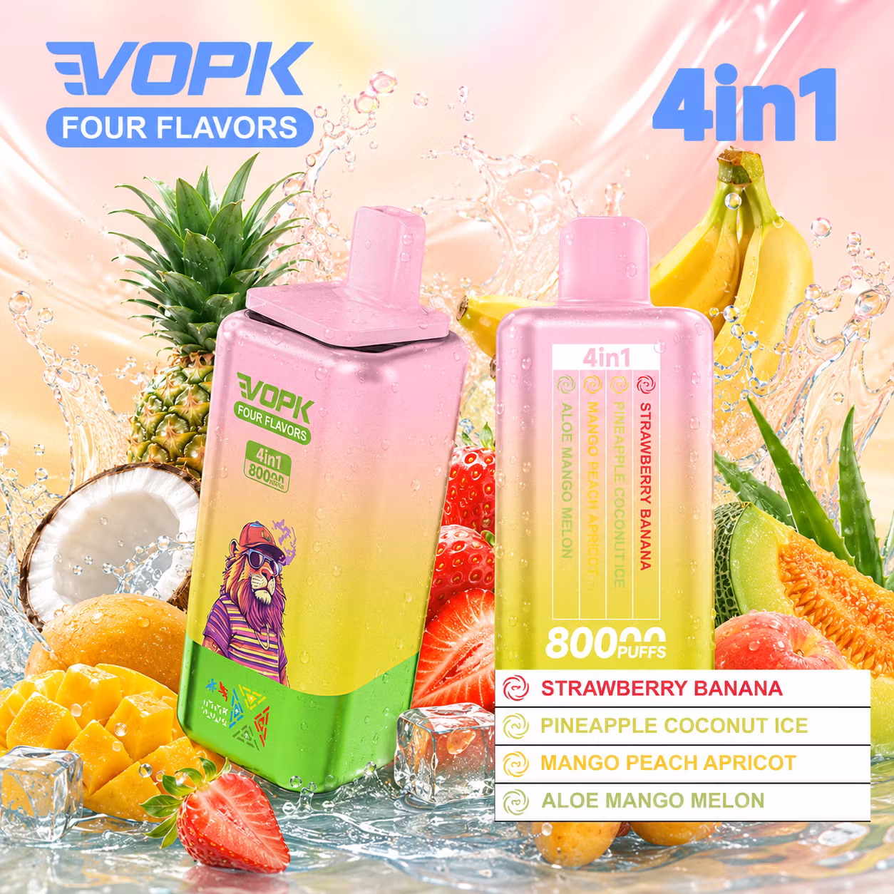 VOPK 80 000 puffów 4w1 – Strawberry Banana, Pineapple Coconut Ice, Mango Peach Apricot, Aloe Mango Melon