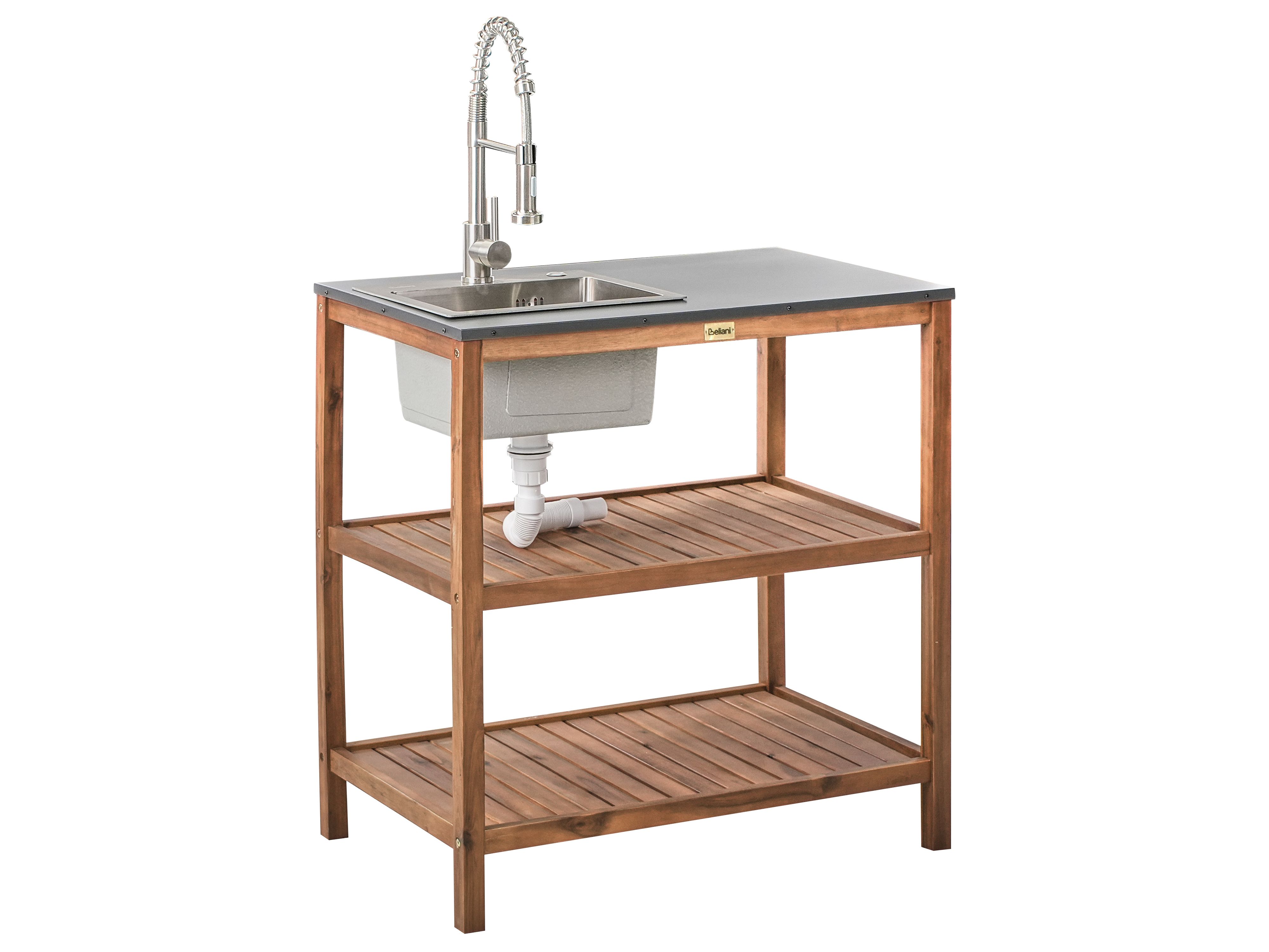Outdoor Kitchen Island with Sink BRUCOLI Acacia Wood Brown/ Silver