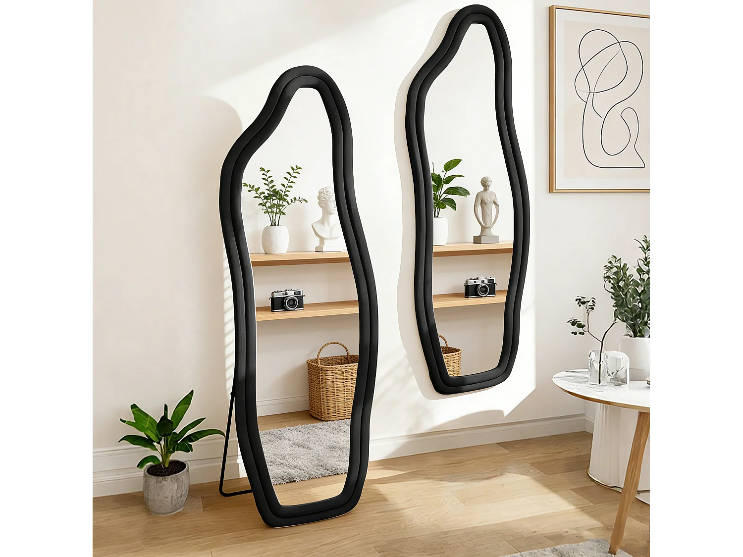 Miroir organique en tissu Velours de cristal, Miroir sur pied, monté au mur, grand miroir debout 160x50 cm, Verre trempé haute définition, Noir