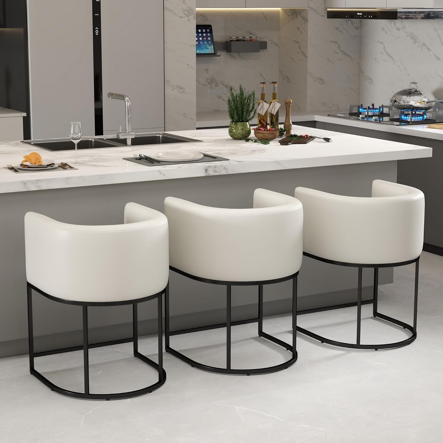 Modern Counter Height PU Leather Upholstered Bar Stools Set of 3, 24