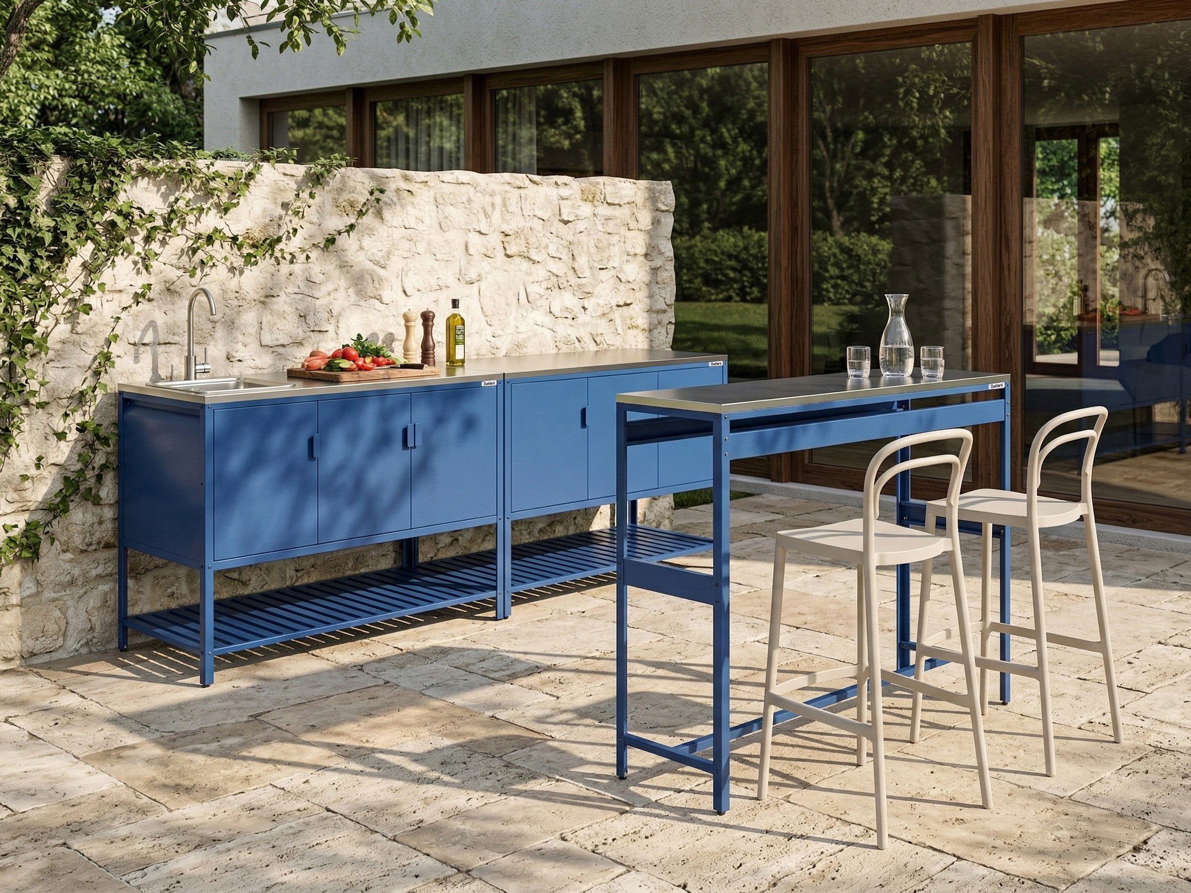 3 Piece Outdoor Kitchen Set with Sink MAENZA Metal Blue