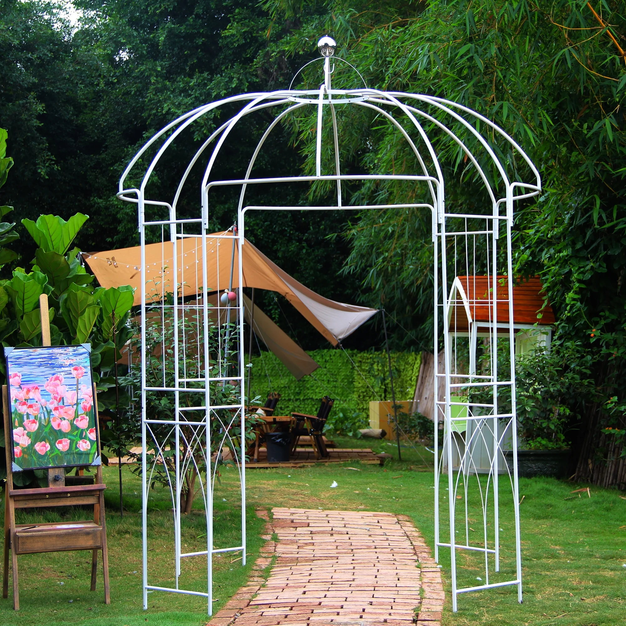 SCENDOR 107' H x82' W White Garden Iron Arch Arbor Gazebo, Ideal for Climbing Plants Outdoor, Wedding Arches Ceremony, 32LB