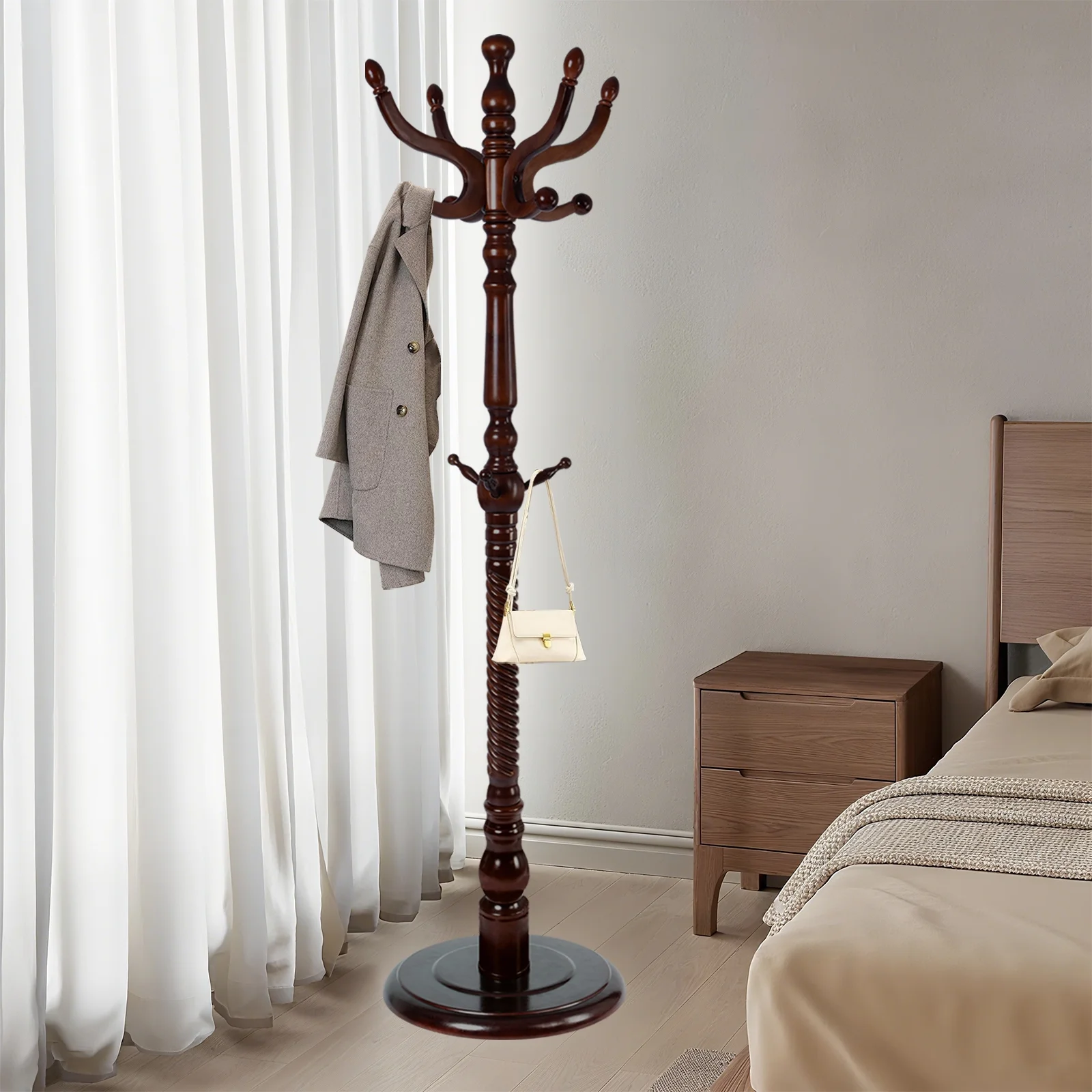 Coat Rack Freestanding, Hall Tree with 11 Hooks, Heavy Duty Wooden Coat Tree Stand, Adjustable Height, Sturdy Base for Bedroom Hallway Office - Load 270lbs - Image 6
