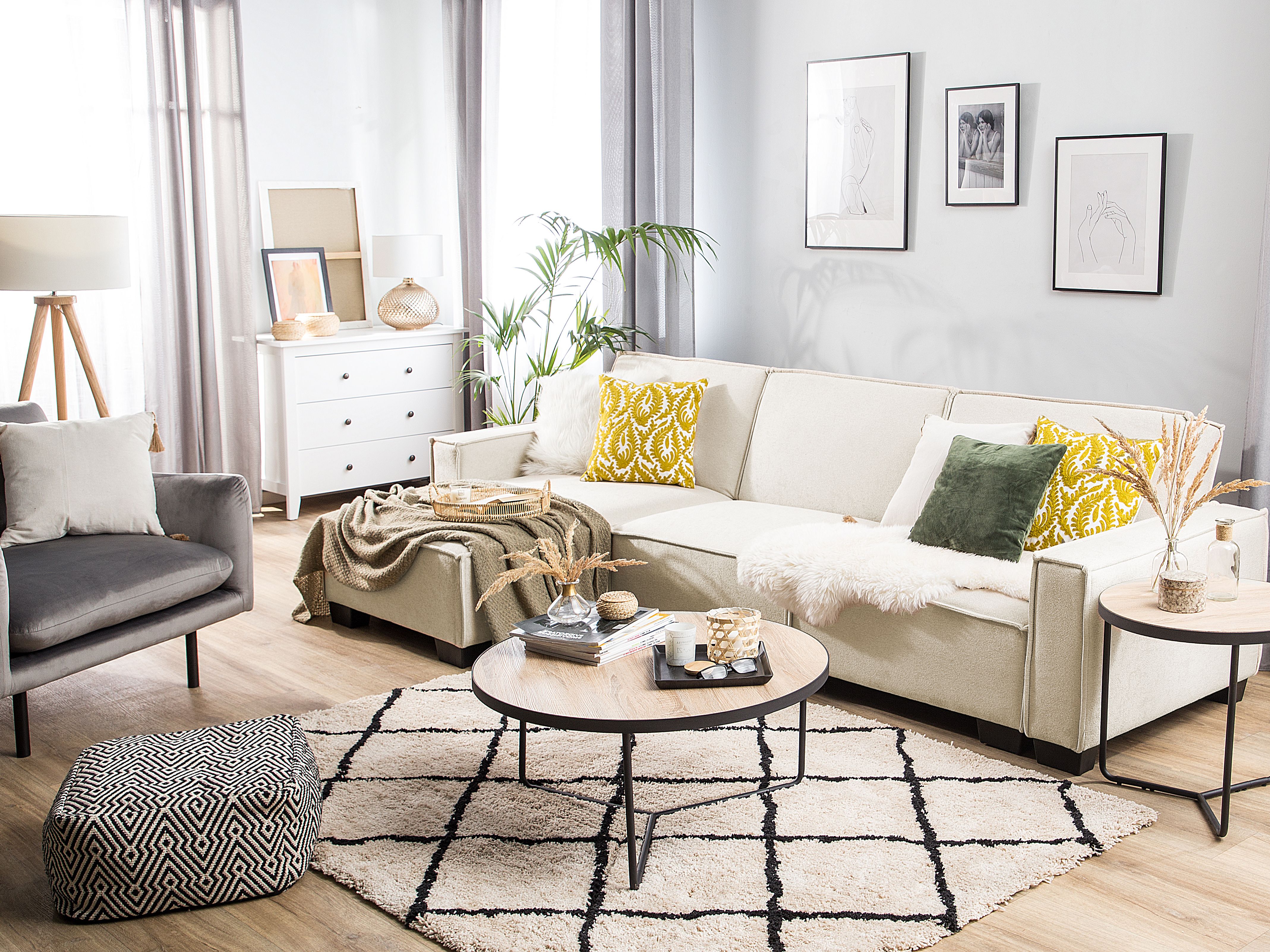 Corner Sofa Bed 3 Seater ROMEDAL Fabric Beige Right Hand