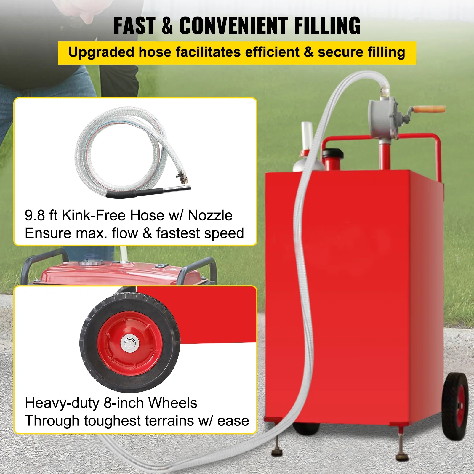 KFFKFF 30 Gallon Fuel Storage, Mobile Fuel Tank on Dual Wheels, Compact Gas Caddy with Manual Pump, Petrol Diesel Storage Unit for Vehicles, Lawn Equipment, ATVs, Marine Vessels, and More, in Red