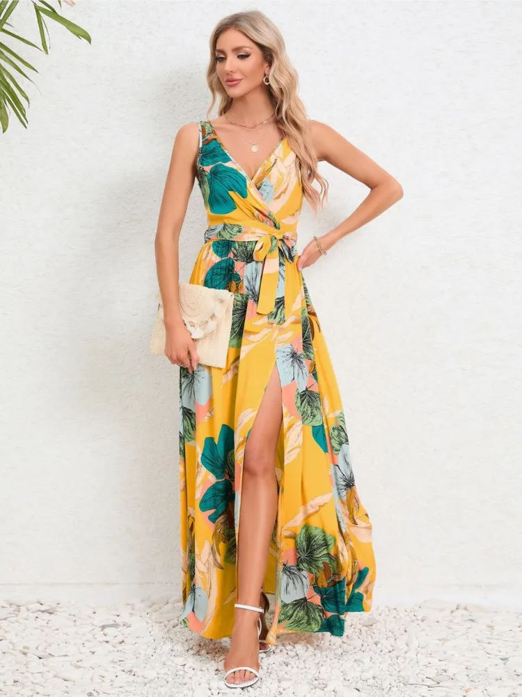 Summer Flower Print Sleeveless Long Dresses Women Sexy V-neck Slim Leace-up Slit Dress Female Fashion Commuting Vacation Vestido - AZJHJ