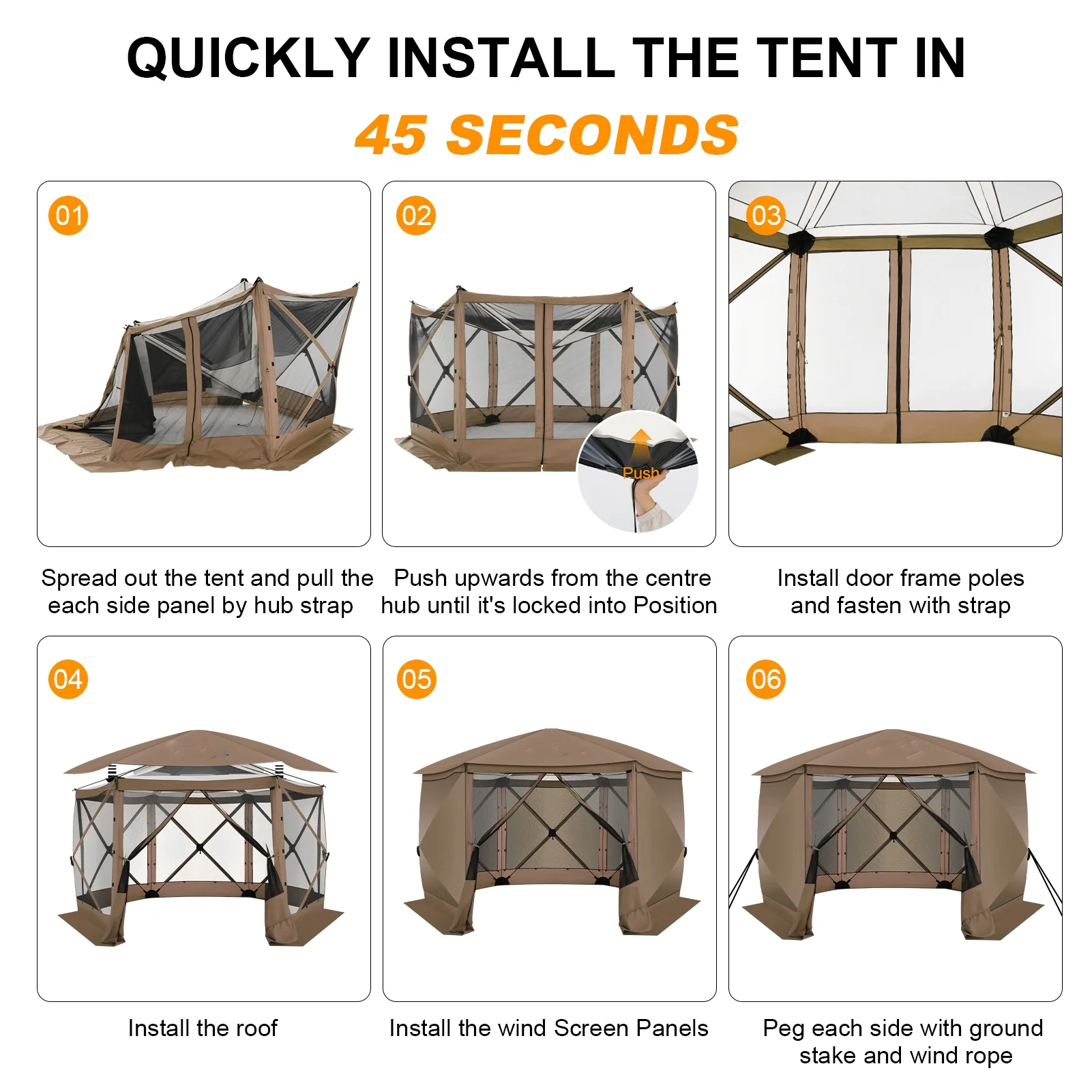 COBIZI 12'x12' Pop-up Gazebo Outdoor Camping Tent with 6 Sides Mosquito Netting, Waterproof, UV Resistant, Portable Screen House Room, Easy Set-up Party Tent with Carry bag, Ground Spike, Brown - Image 35