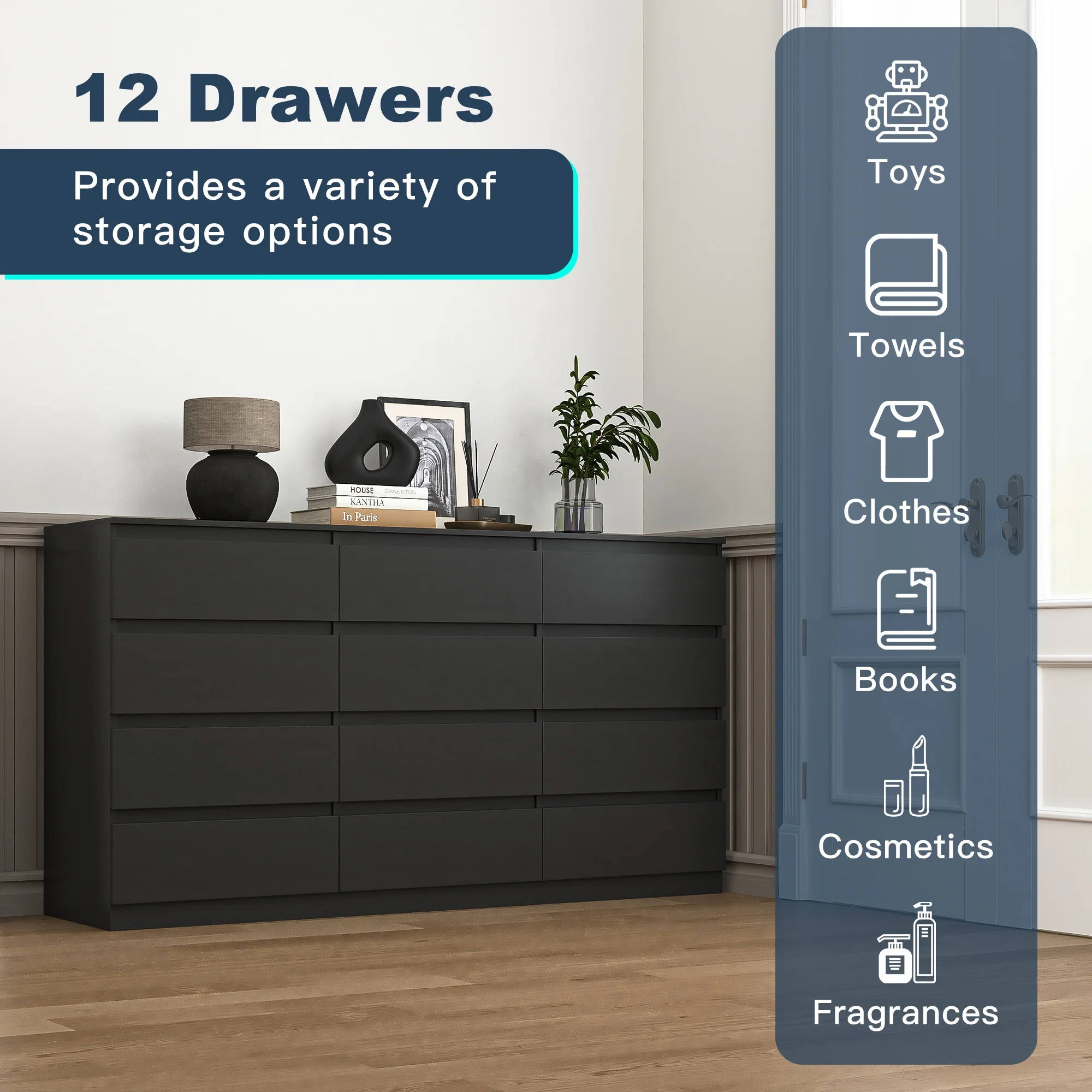 Kadyn White Chest of Drawer, 6 Double Drawer Dresser for Bedroom, Modern Storage Cabinet for Living Room, Dresser - Image 78