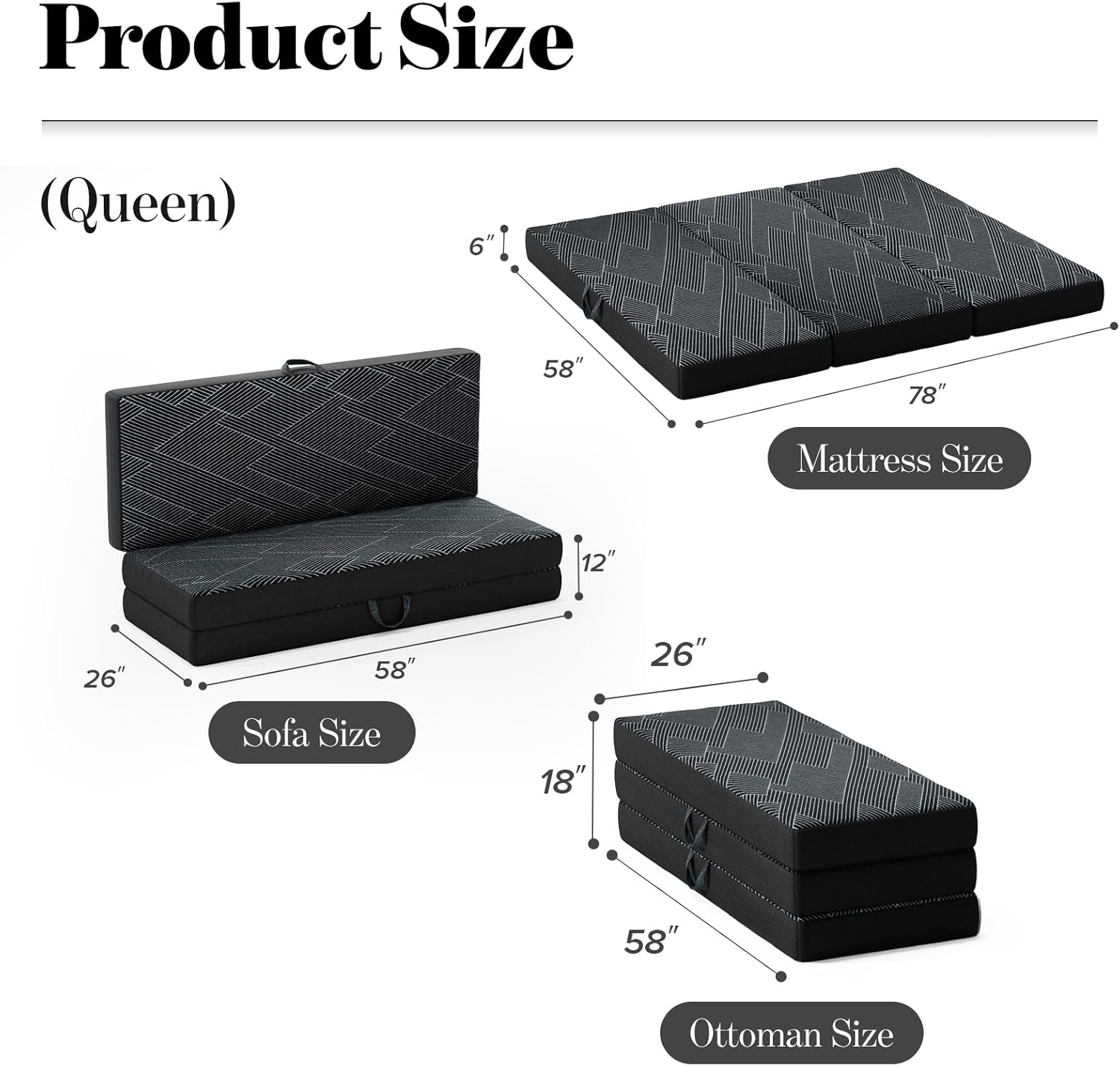 Tri Folding Mattress Queen Size - Foldable Mattress Trifold Memory Foam Mat with Washable Cover, Handle & Non-Slip Bottom Portable Foldable Floor Sofa Bed for Travel Camping Guest - 6 Inch, 78