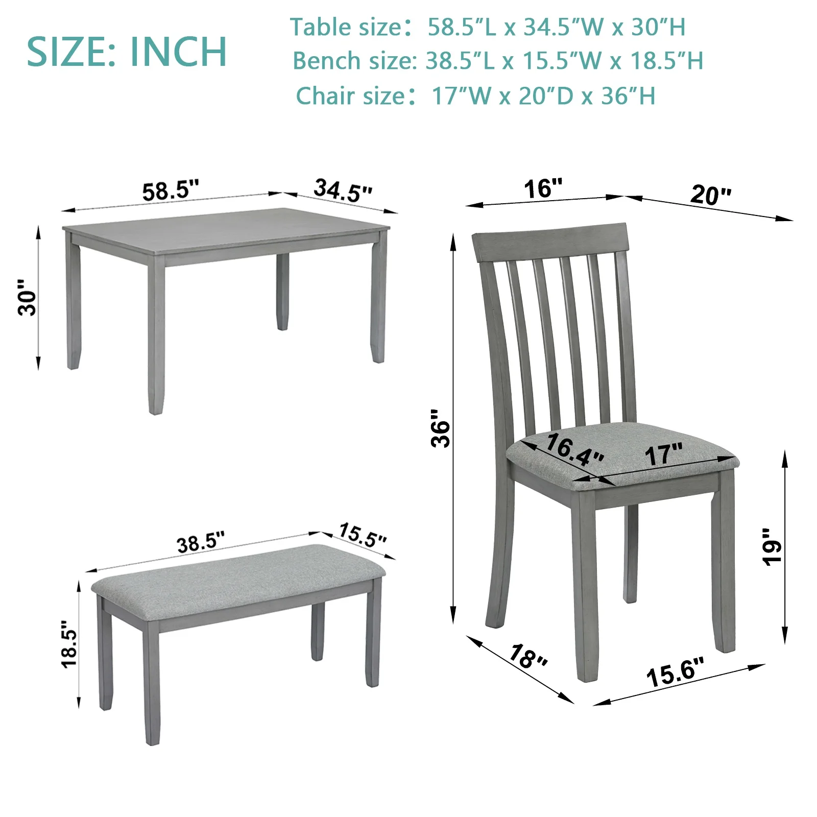 Dining Room Set, LEGAHOME 6 Piece Dining Sets with Bench and Chairs, Solid Wood Kitchen Dining Table Set for 6 with Upholstered Chairs, Gray - Image 25