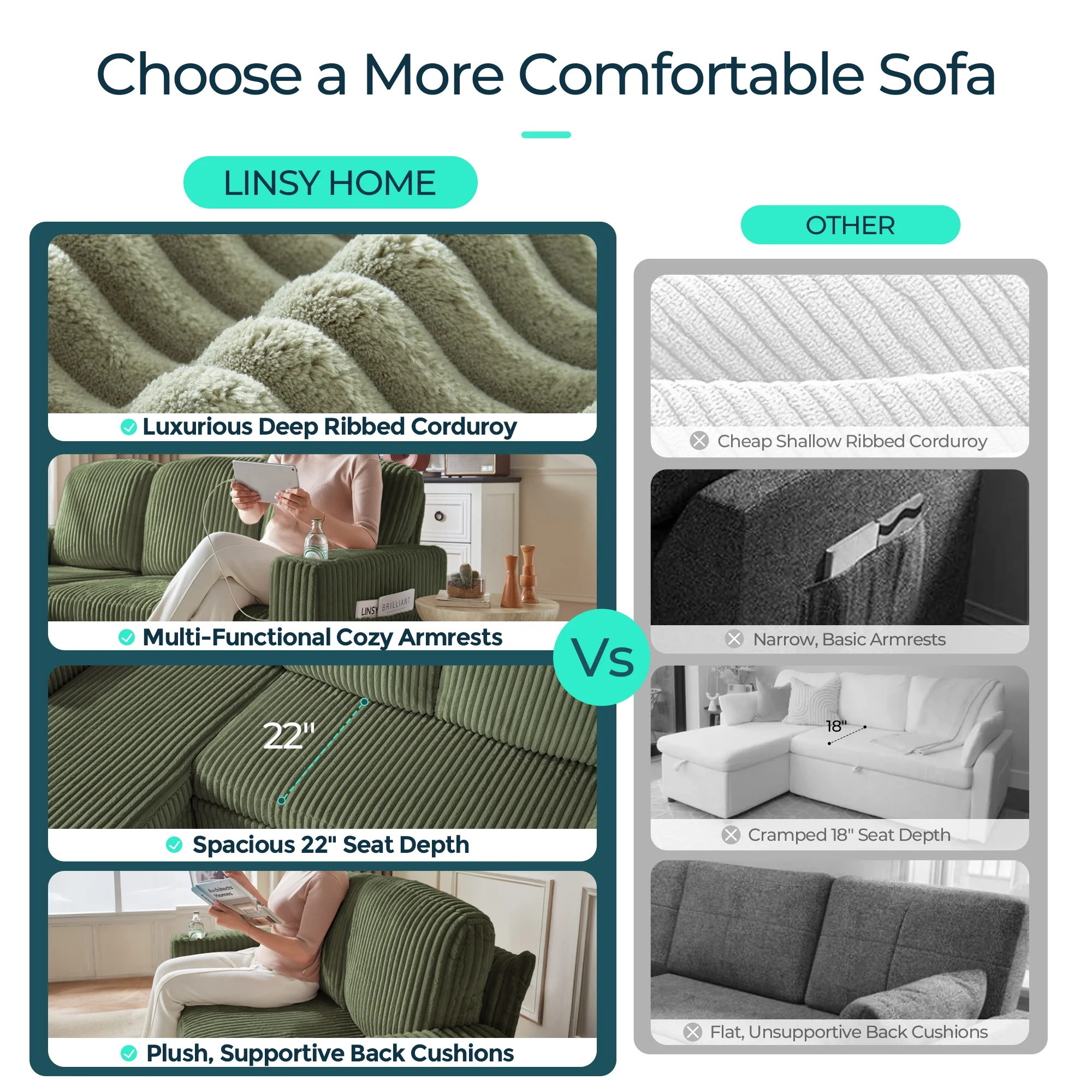 Linsy Home Plush Corduroy Pull Out Couch Chaise Lounge, Convertible Loveseat Sofa Couch With Usb & Cup Holder, Green - Image 4