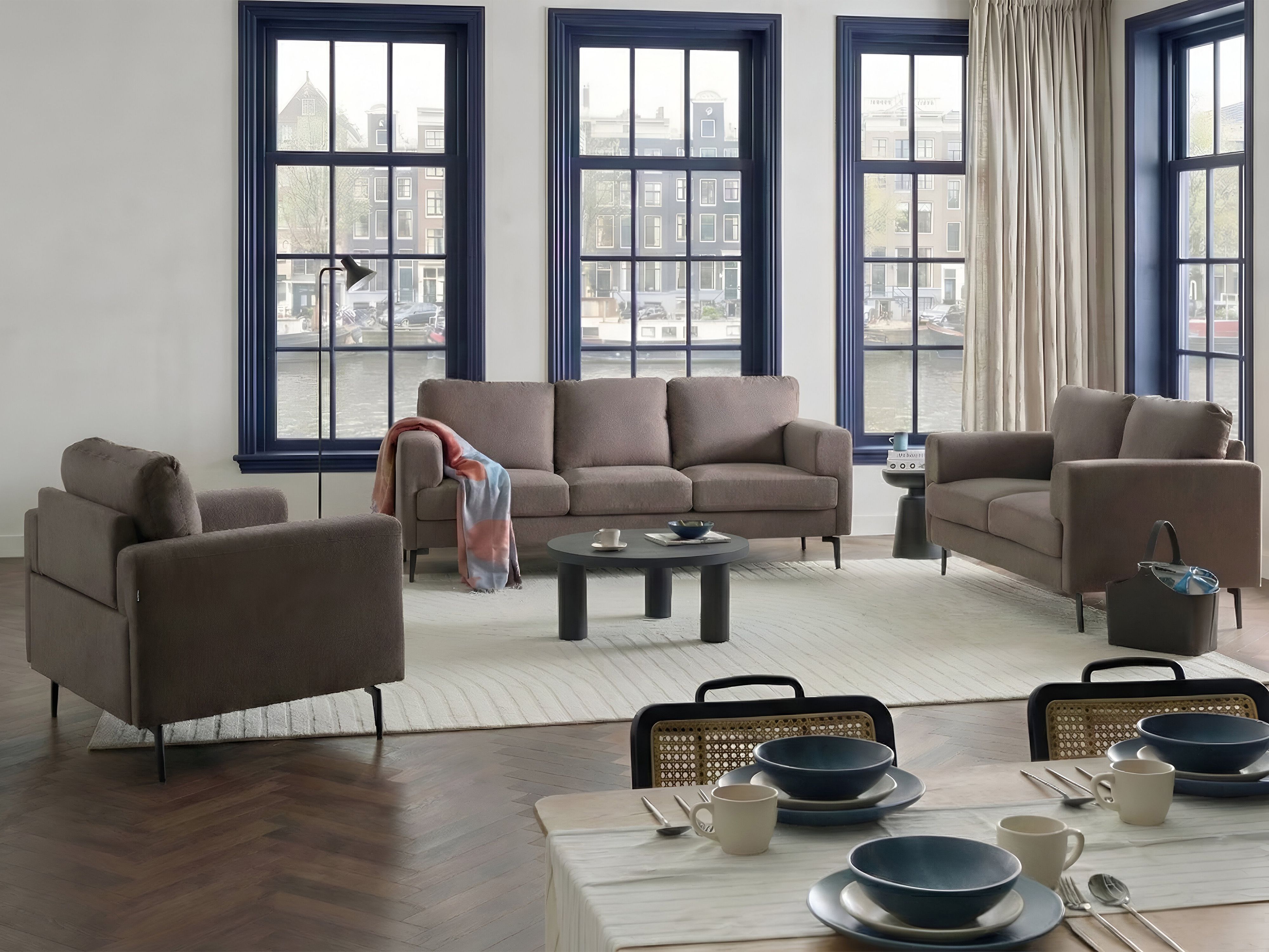 Living Room Set 6 Seater LOUSTO Fabric Brown