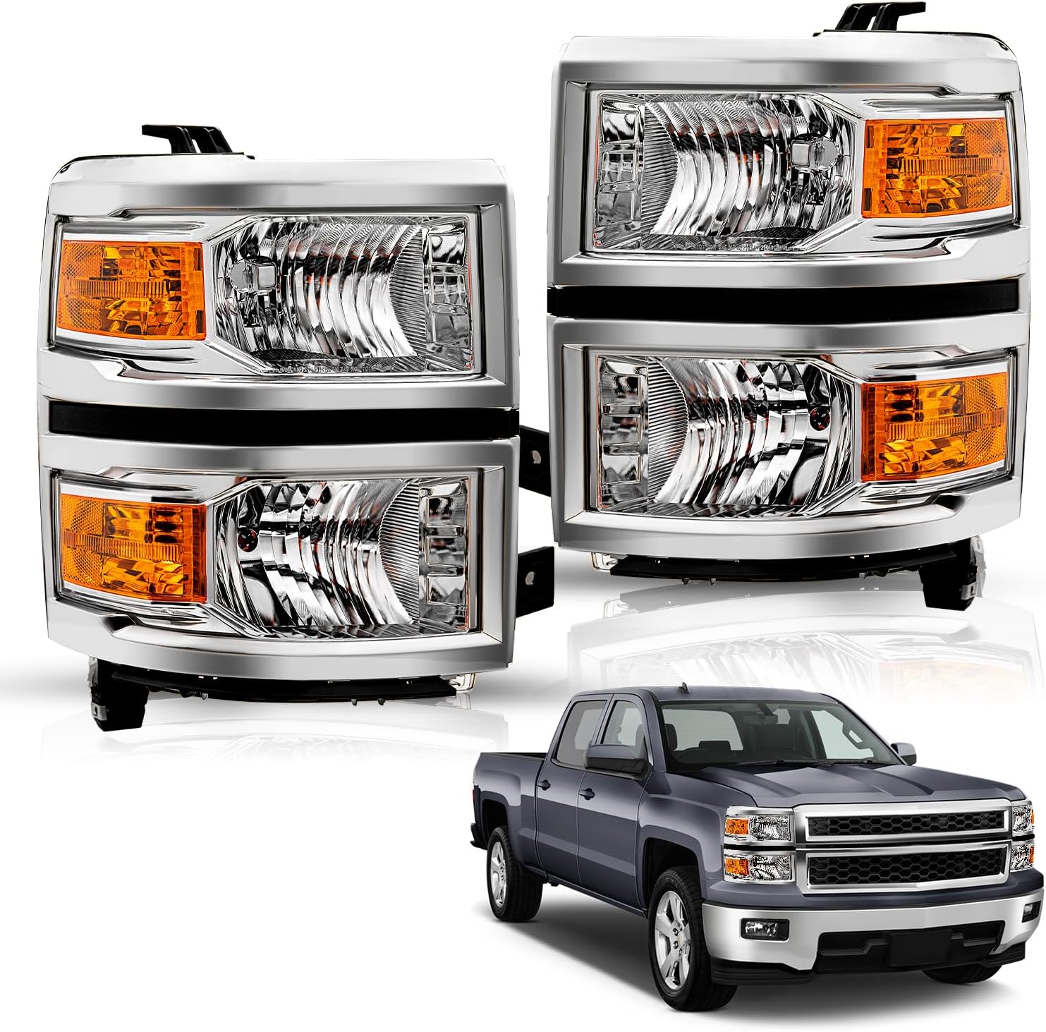 TUSDAR Headlights Assembly Fits For 2014 2015 Chevy Silverado 1500 Pickup Truck [Halogen Factory OE Style] Headlamp Replacement Pair Front Lamps LH+RH Driver & Passenger Side