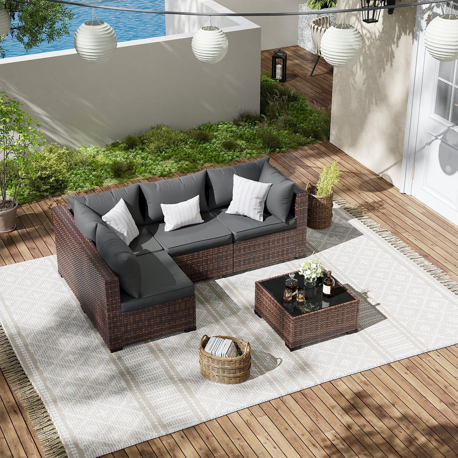 ELPOSUN Patio Furniture Set, Outdoor Patio Furniture Wicker Furniture Couch Set, 5 Pieces Outdoor Sectional Sofa, Patio Furniture Set, Outdoor Patio Set for Balcony Furniture (Grey) - Image 2