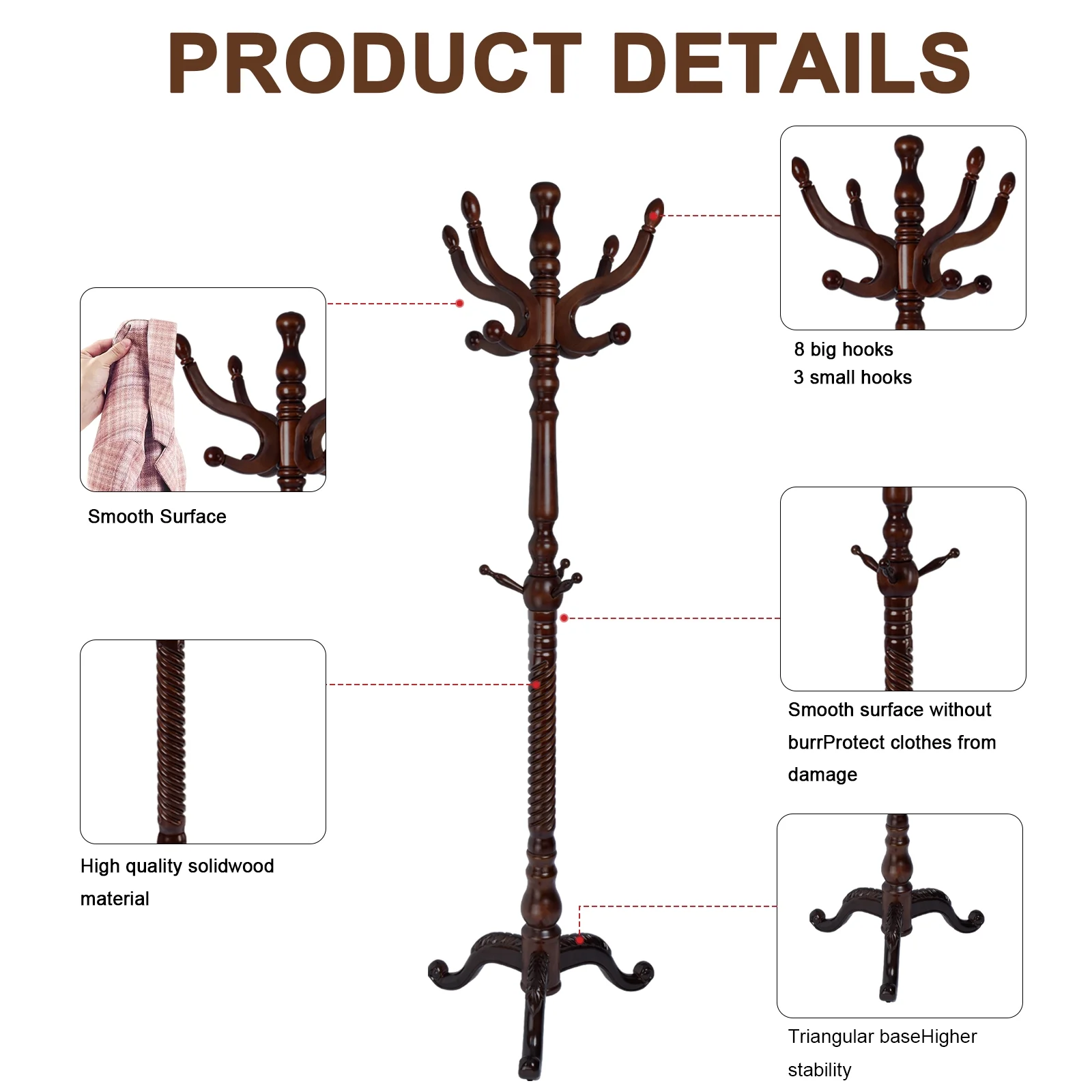 Coat Rack Freestanding, Hall Tree with 11 Hooks, Heavy Duty Wooden Coat Tree Stand, Adjustable Height, Sturdy Base for Bedroom Hallway Office - Load 270lbs - Image 54