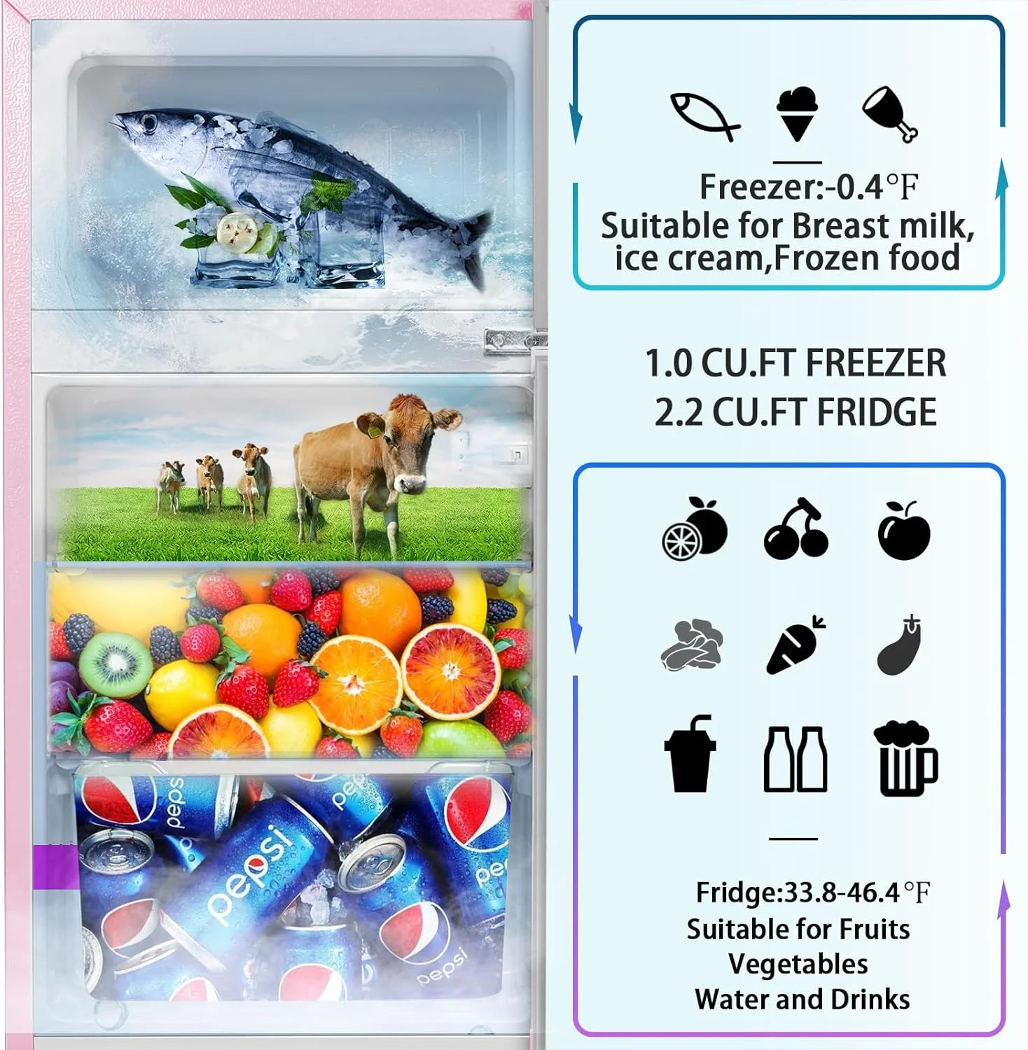 Kcpolre Pink Mini Fridge with Freezer 3.2 Cu.ft Refrigerators, Adjustable Glass Shelves, Quiet Dual Door Dorm Fridge for Bedroom, College, Office - Image 9