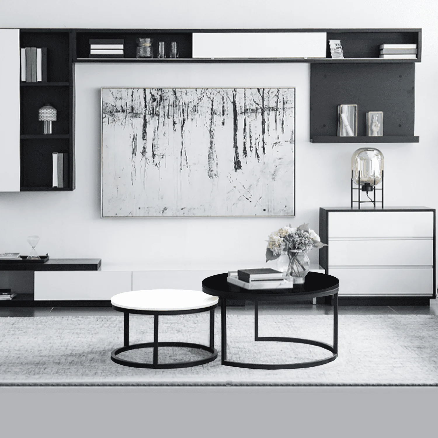 2 Round Tea Table Coffee Table Desk Sets | Black & White - Twin Sets Multi Function Wood & Steel Living Room Home Decor Polished Surface Overlapping Ending Tables Cocktail Table