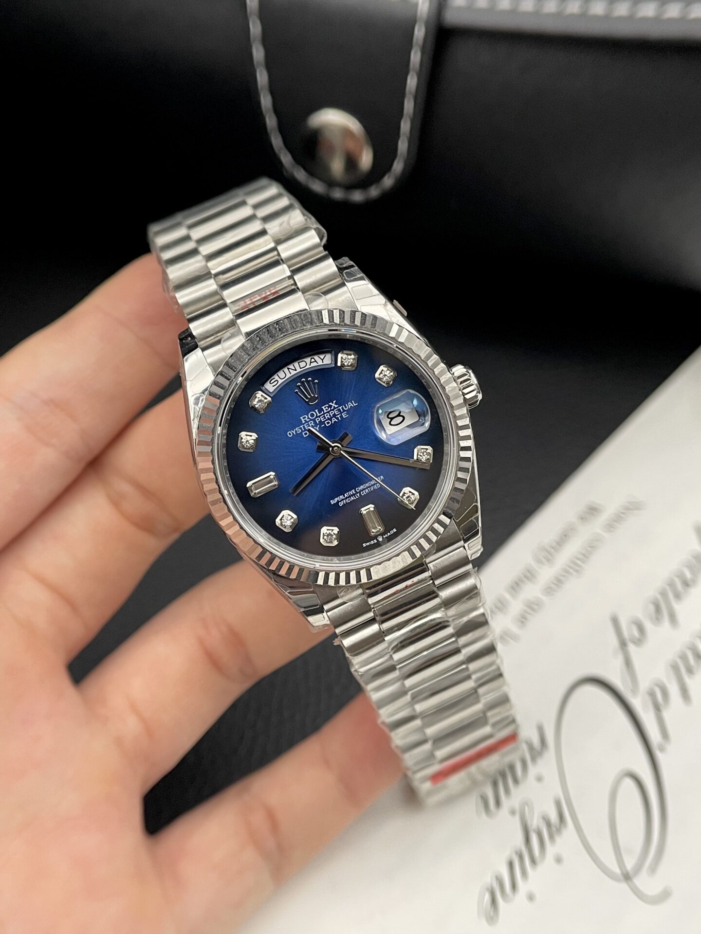 Rolex Day-Date Replica Watch Blue Dial Oyster Strap EW Factory 36mm - Elite Watch Atelier