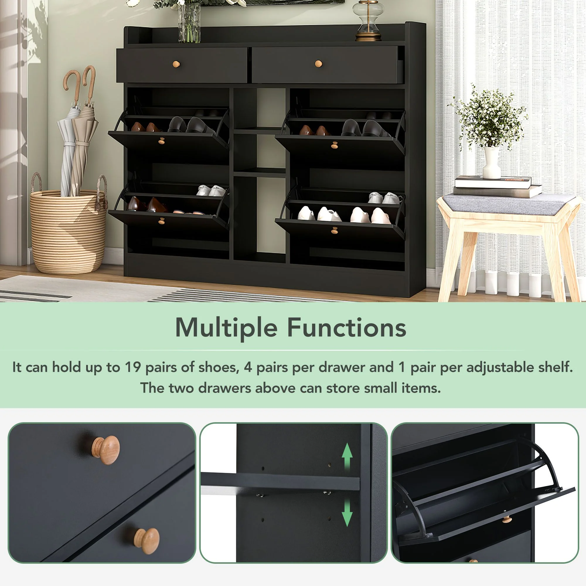 Aukfa Shoe Cabinet with 4 Flip Drawers and 2 Storage Drawers- Black - Image 10